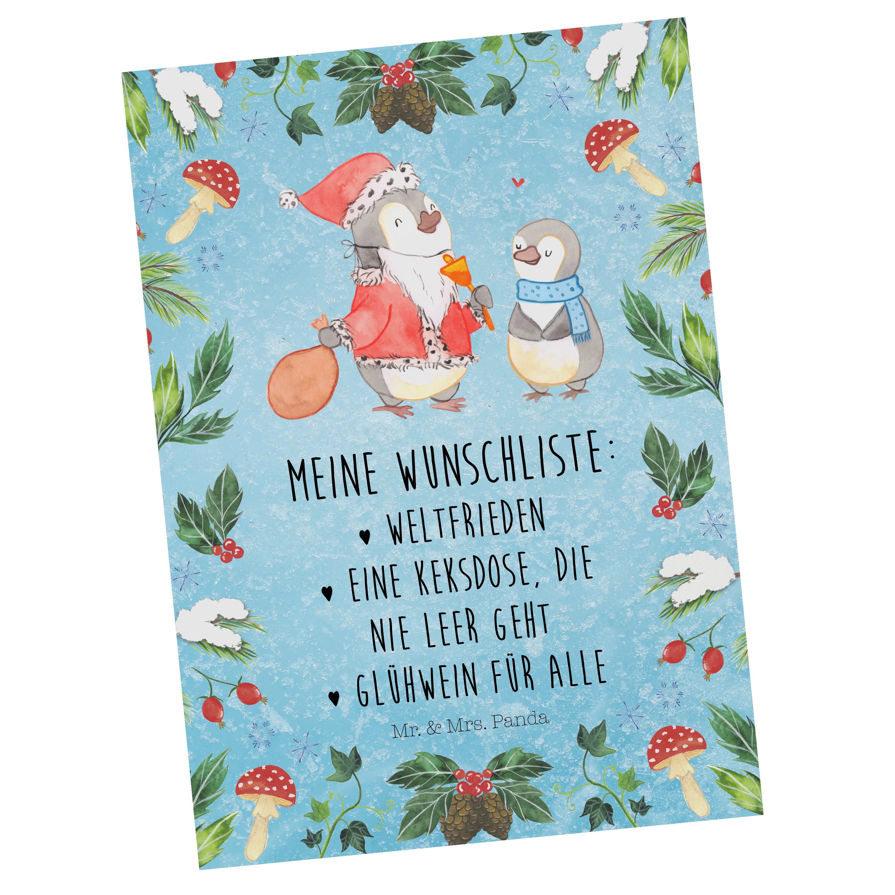 Advent, Ein Postkarte Mr. Panda - & Mrs. Wunschliste Weihnachtsdeko, Eisblau - Pinguin Geschenk,