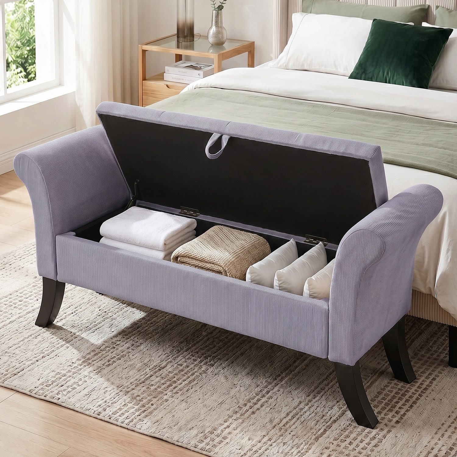 oyajia Bettbank Polsterbank mit Stauraum und Deckel auch als Garderobenbank geeignet (Sitzhocker mit Stauraum,Fußstütze mit stabilen Holzbeinen, Bis 168kg), Sofabank fur Flur, Esszimmer, Schlafzimmer, Wohnzimmer