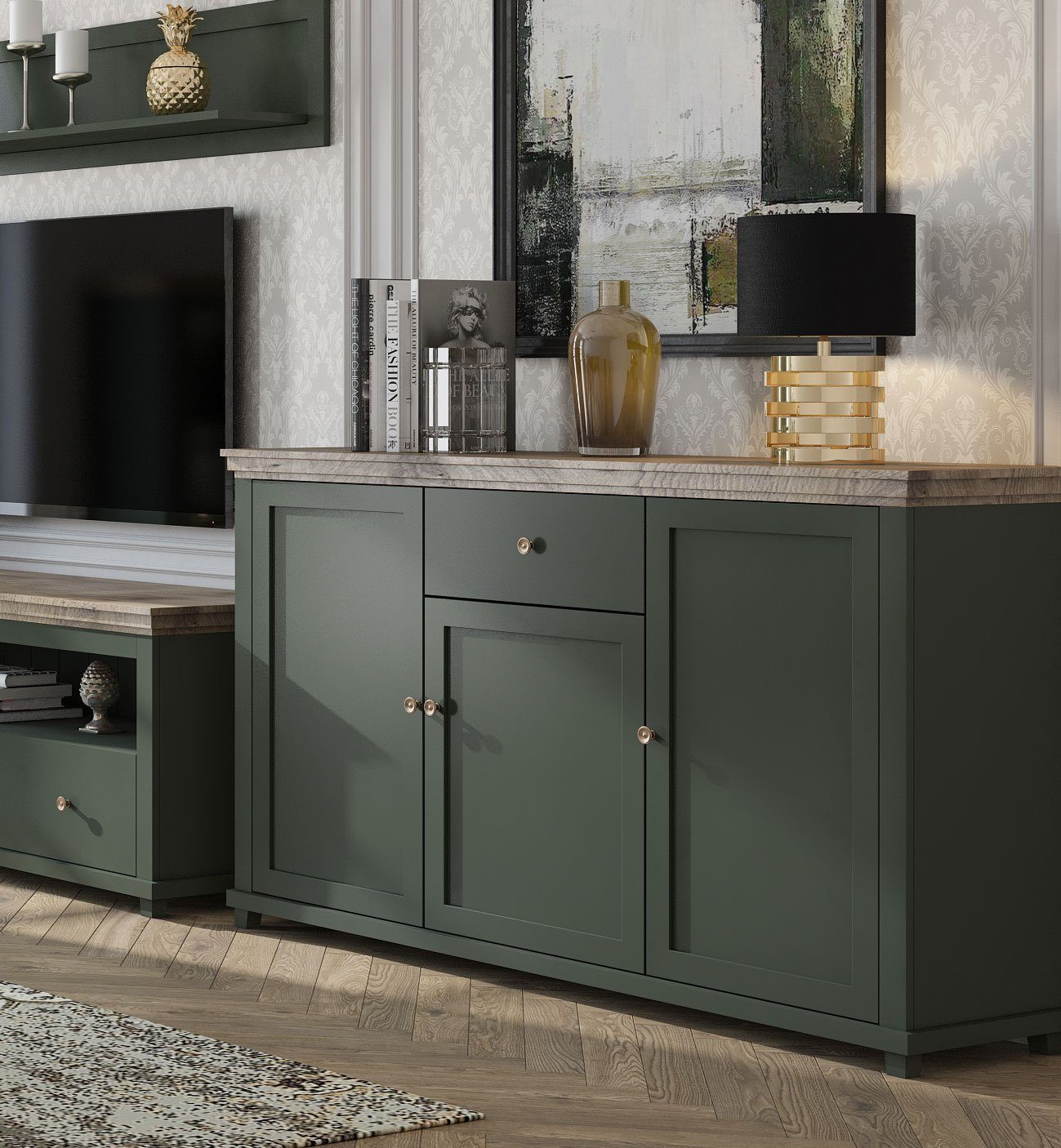 Helvetia Kommode Elda (3 Türen, 3 Einlegeböden, 1 Vollauszugschublade, 1 St., moderner Landhausstil, Rahmenoptik, MDF-Fronten, Metallgriffe), 160x42x93cm grün / Eiche Lefkas
