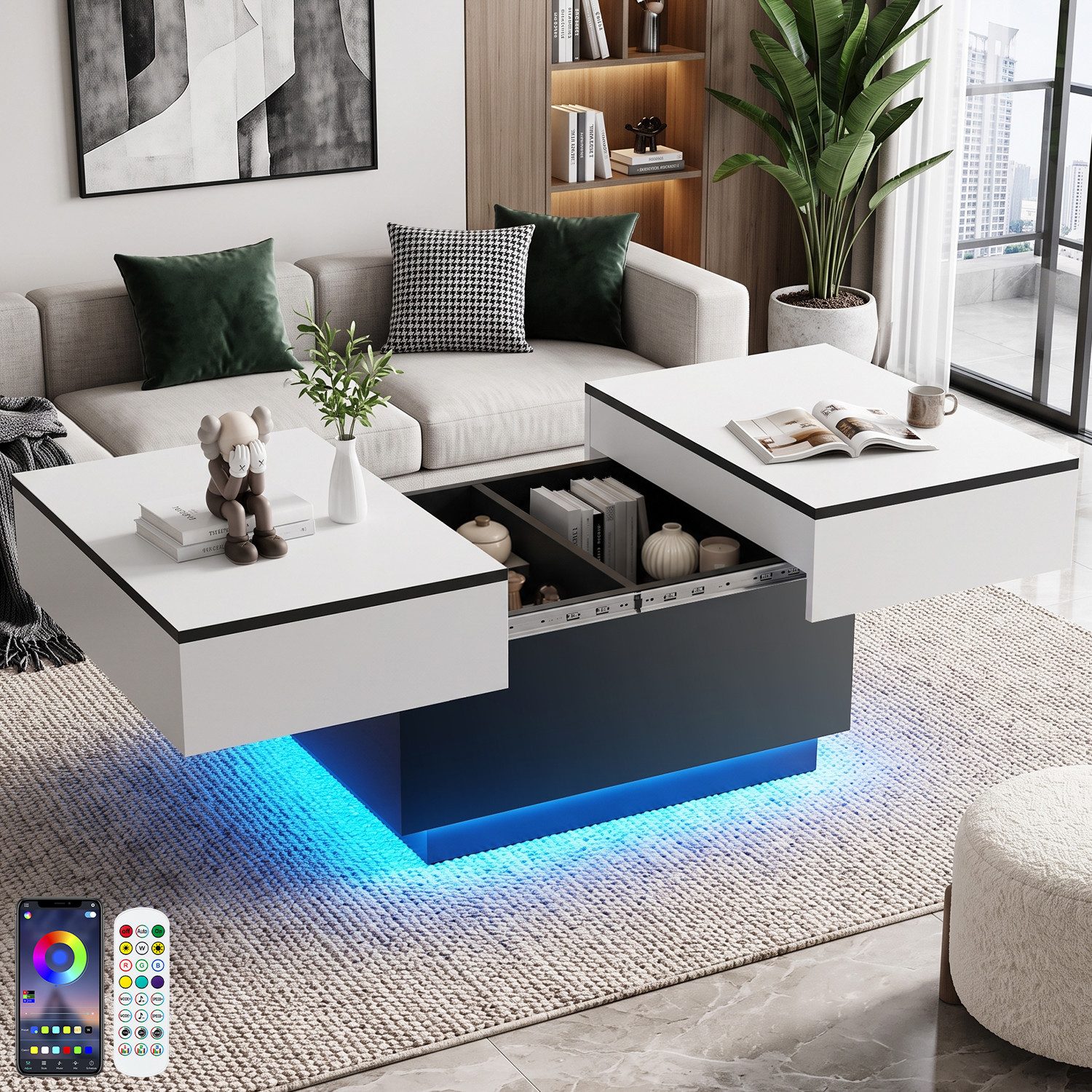 oyajia Couchtisch Wohnzimmertisch mit LED Beleuchtung & Fernsteuerung (Bluetooth-Fernbedienung,App-Steuerung, stabil, pflegeleicht), …