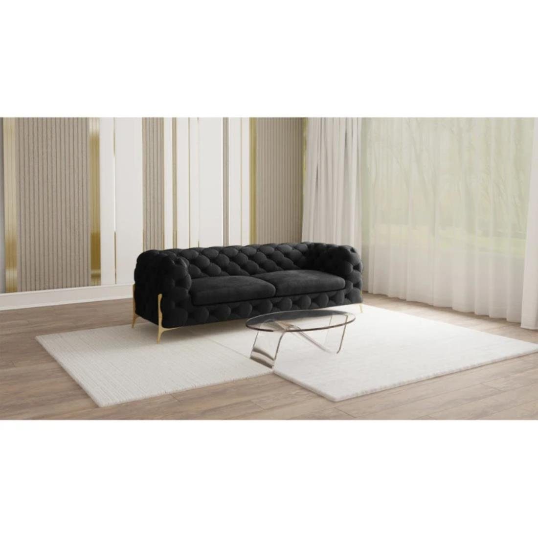 S-Style Möbel 3-Sitzer Ashley Chesterfield Sofa mit Goldene Metall Füßen, mit Wellenfederung Schwarz | Einzelsofas