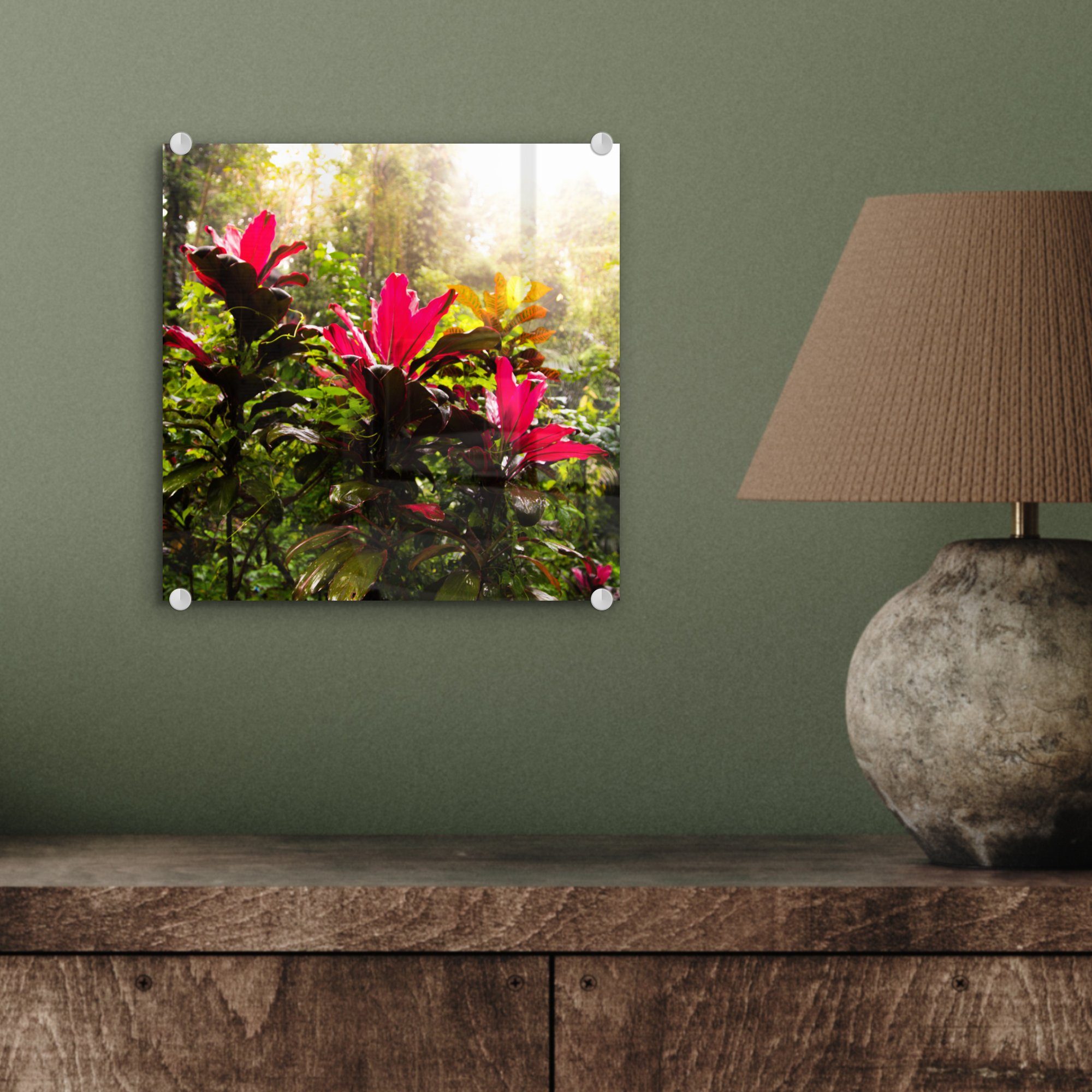Foto - auf Dschungels, - Blumen auf inmitten Glas Acrylglasbild Glasbilder Glas (1 - MuchoWow des Schöne Wandbild Bilder Wanddekoration St), bunt