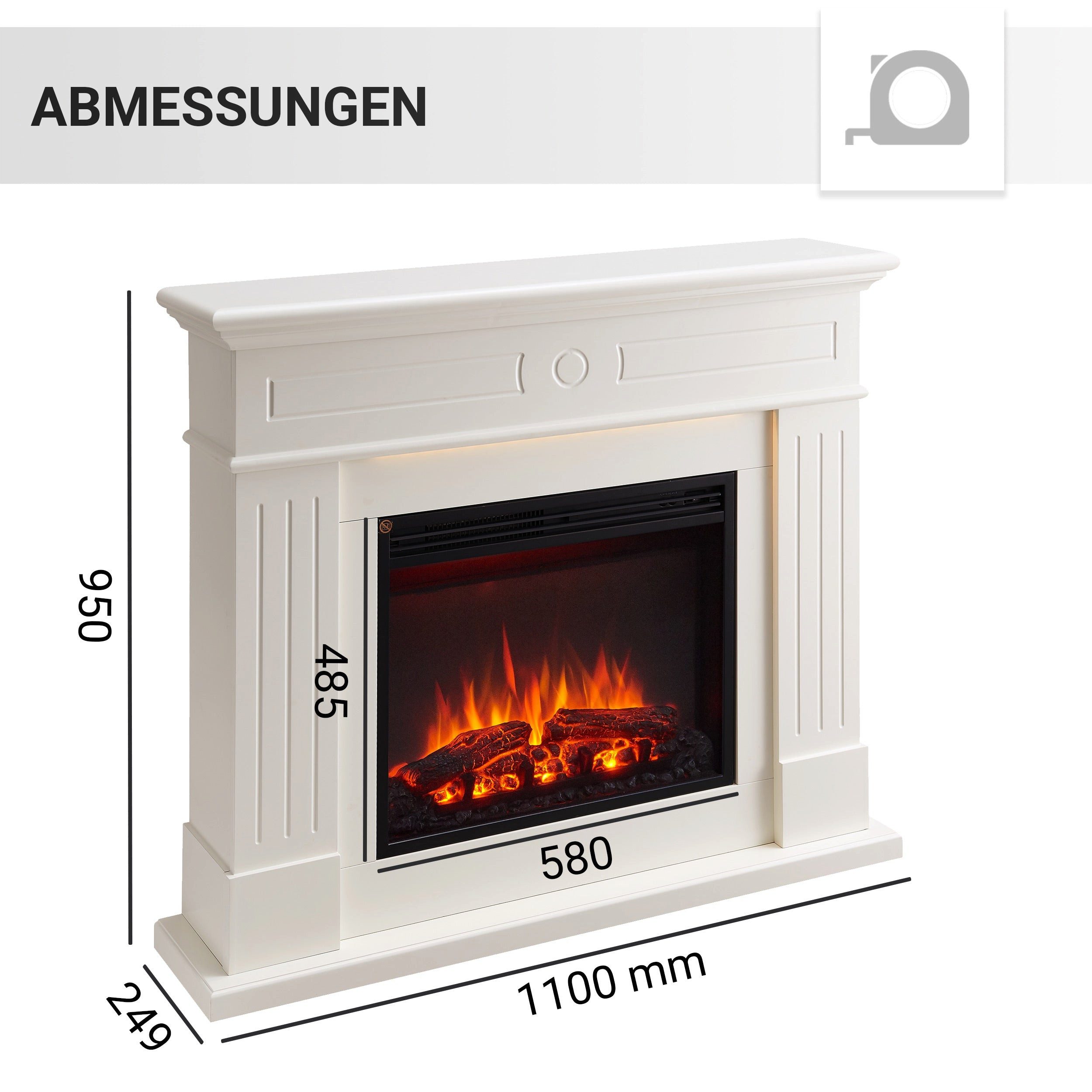 Balderia Elektrokamin Leandros Standkamin mit Heizung 2000 W, weiß, Standkamin mit Heizung 2 kW, LED-Flamme, Fernbedienung, Weiß – Bild 5 von 5