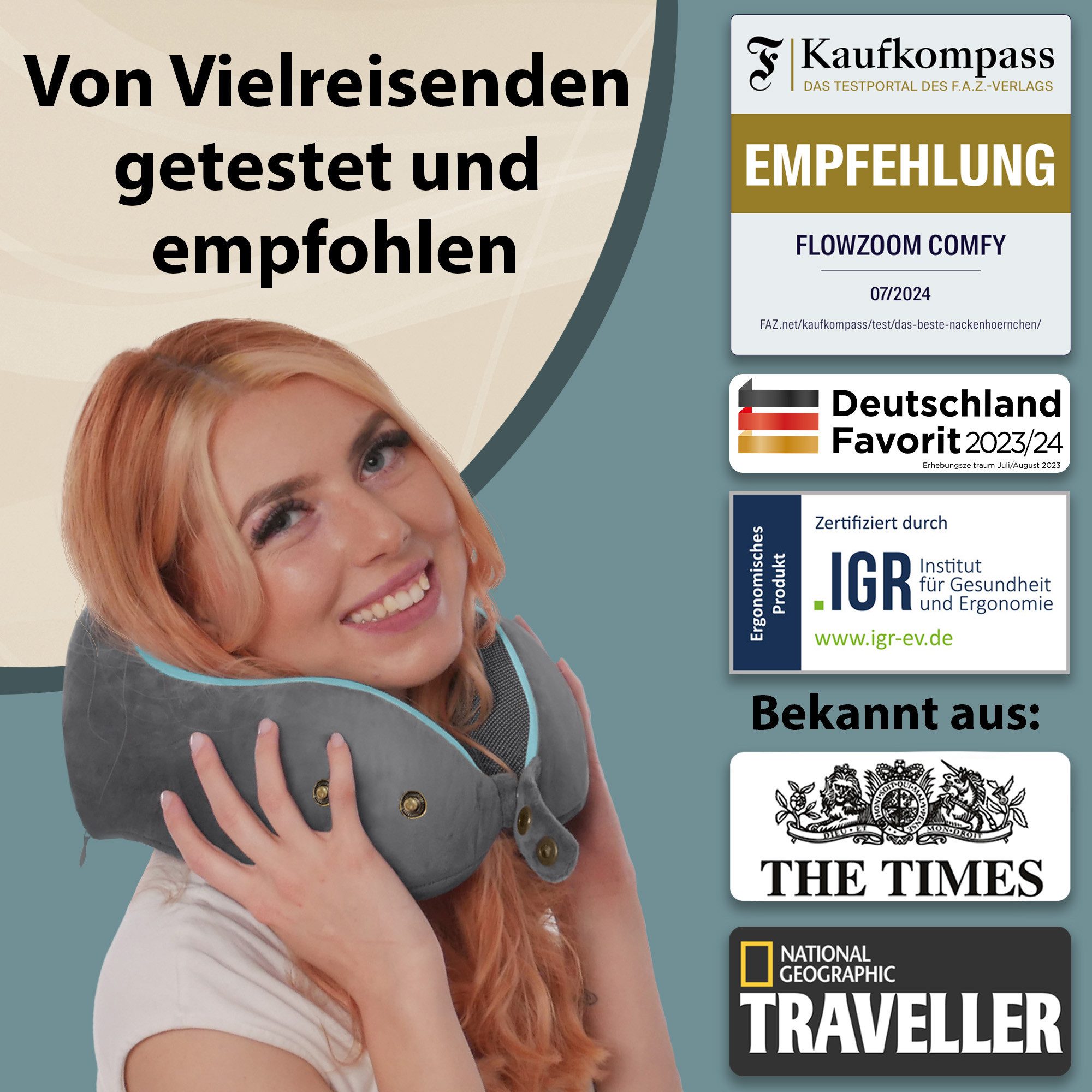 FLOWZOOM Nackenhörnchen COMFY Nackenkissen Flugzeug & Auto – Reisekissen Memory-Schaum, Nackenhörnchen für Erwachsene - Nackenkissen Reisen - verstellbar – Bild 5 von 5