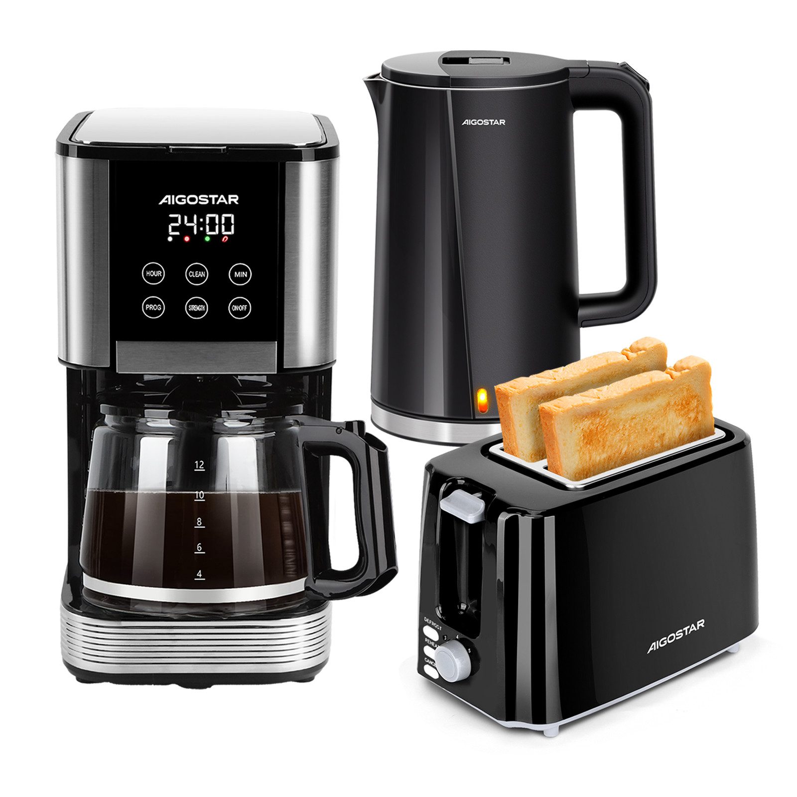 Aigostar Frühstücks-Set 14-Tassen Filterkaffeemaschine/ Wasserkocher 1,7L/ 2-Scheiben Toaster, Programmierbar 24h, Tropf-Stopp, AutoClean, Warmhaltefunktion,BPA Frei