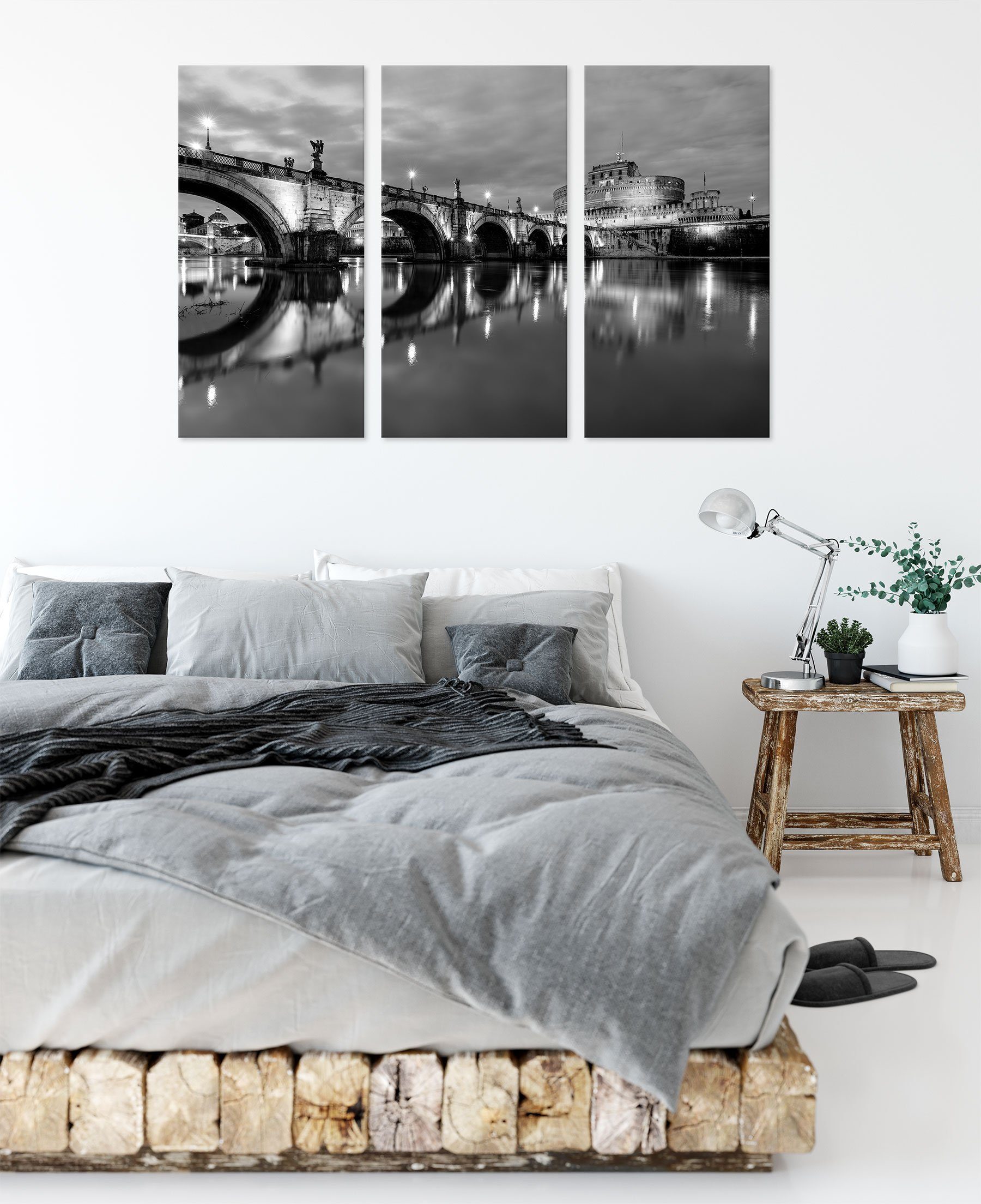 Pixxprint Leinwandbild Nachtansicht von S. bespannt, Leinwandbild Zackenaufhänger inkl. S. Angelo-Brücke St), Nachtansicht (1 fertig von (120x80cm) 3Teiler Angelo-Brücke