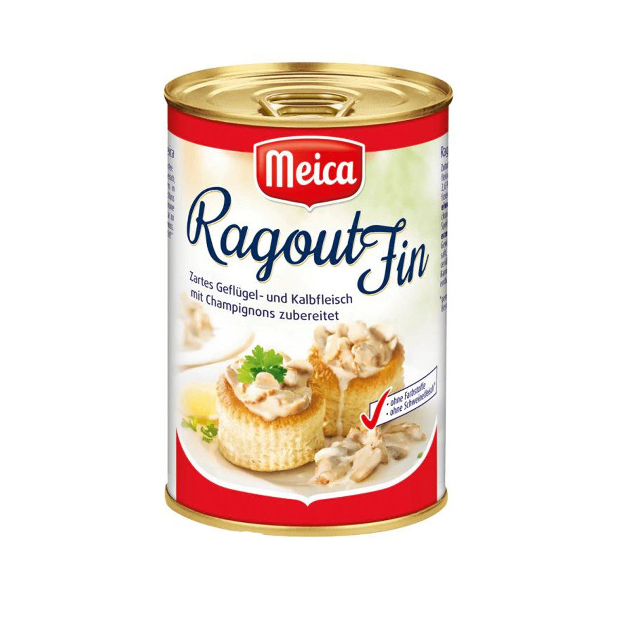 Meica Wurstkonserve, Meica Ragout Fin zartes Geflügel und Kalbfleisch mit Champignon 400g
