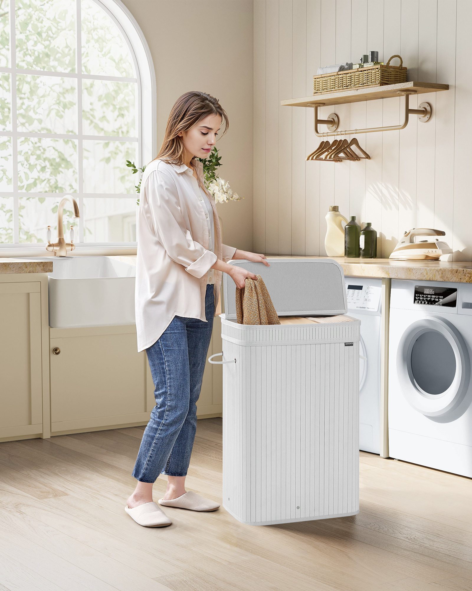 SONGMICS Wäschekorb, mit Deckel, Bambus, herausnehmbar, mit Griffen, 72 Lit günstig online kaufen