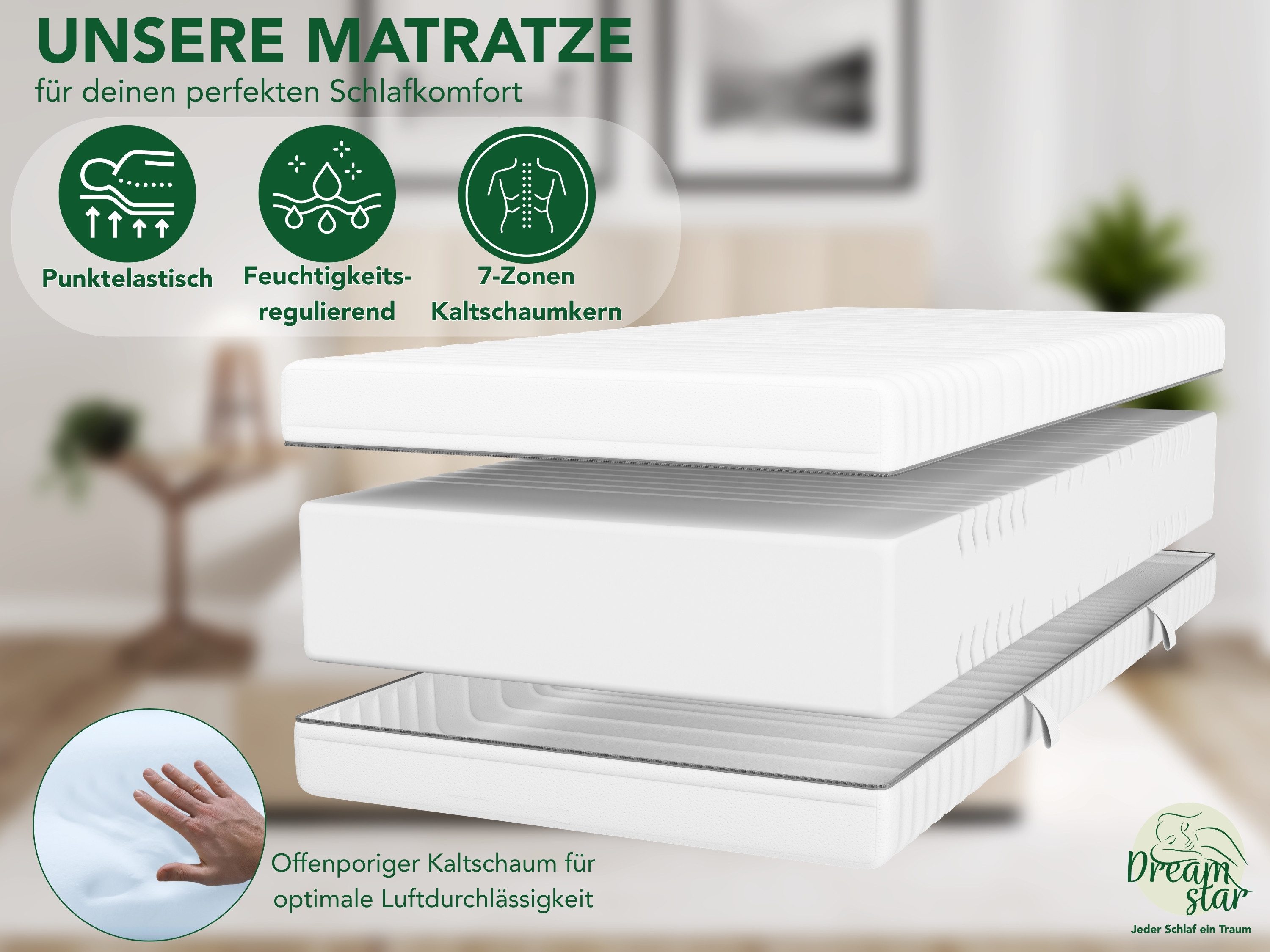 Kaltschaummatratze 7-Zonen Matratze Silber - H2, H3 & H4, Dreamstar, 24 cm hoch, verschiedene Größen & Härtegrade - atmungsaktiv, allergikergeeignet