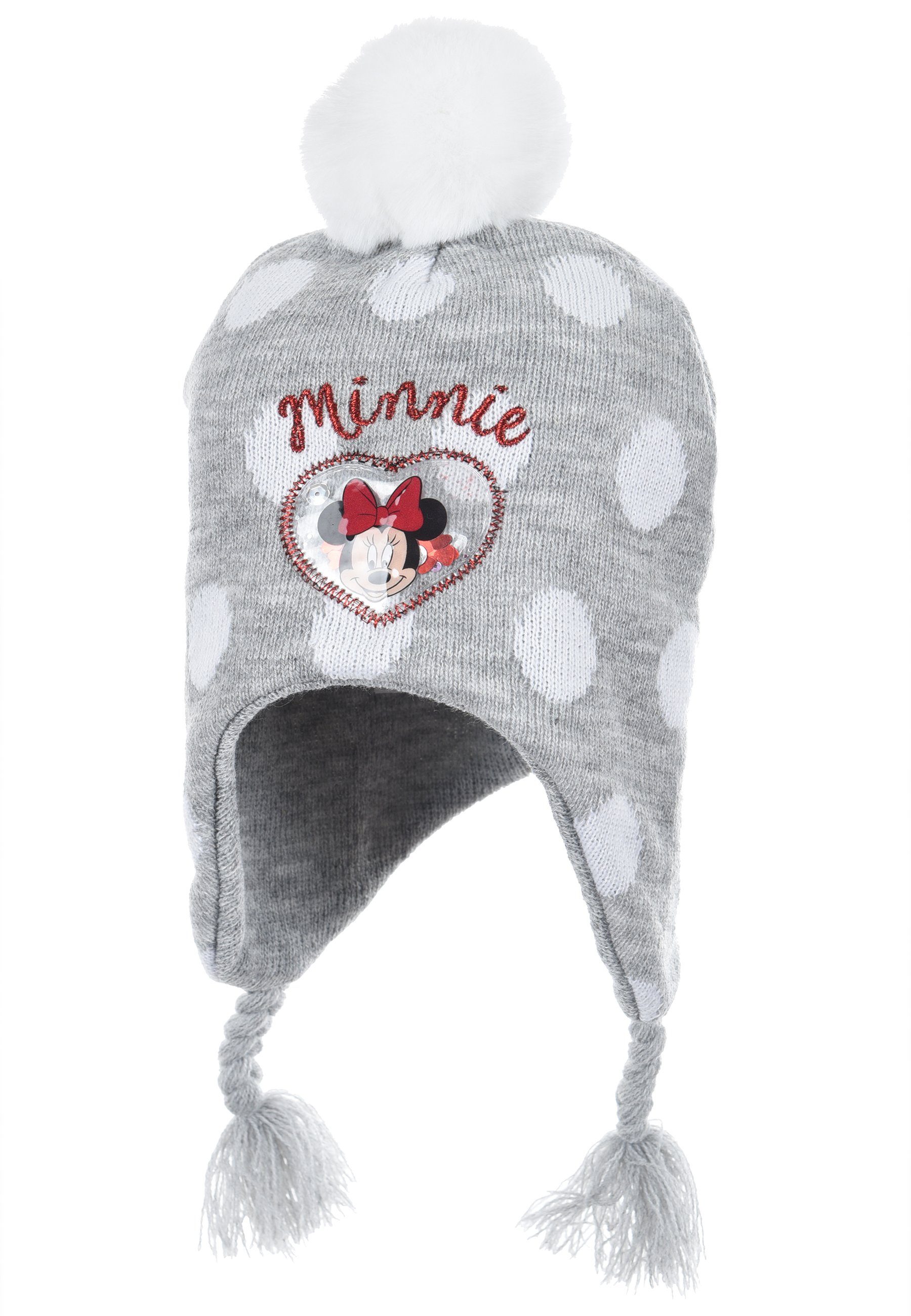 Disney Minnie Mouse Bommelmütze Mädchen Kinder Winter-Bommel-Mütze Grau