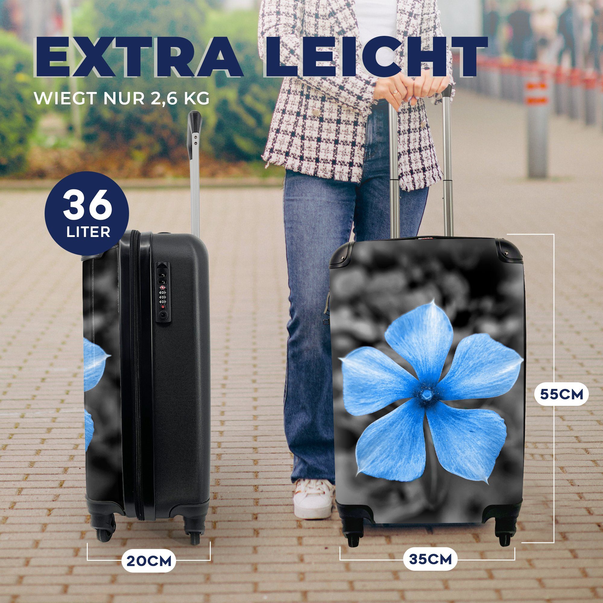 Rollen, für Blau Weiß, Reisetasche Schwarz Ferien, - Blumen Handgepäck Handgepäckkoffer Reisekoffer 4 mit - MuchoWow rollen, Trolley, -