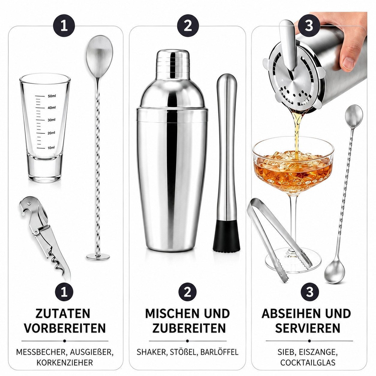 GLIESE POWER Cocktail Shaker 10-teiliges Cocktail-Set 304-Edelstahl mit Bambusständer für Hausbar, Edelstahl, (Set, 10-tlg., Messbecher, Löffel, Ausgießer, Rühr – Bild 5 von 5