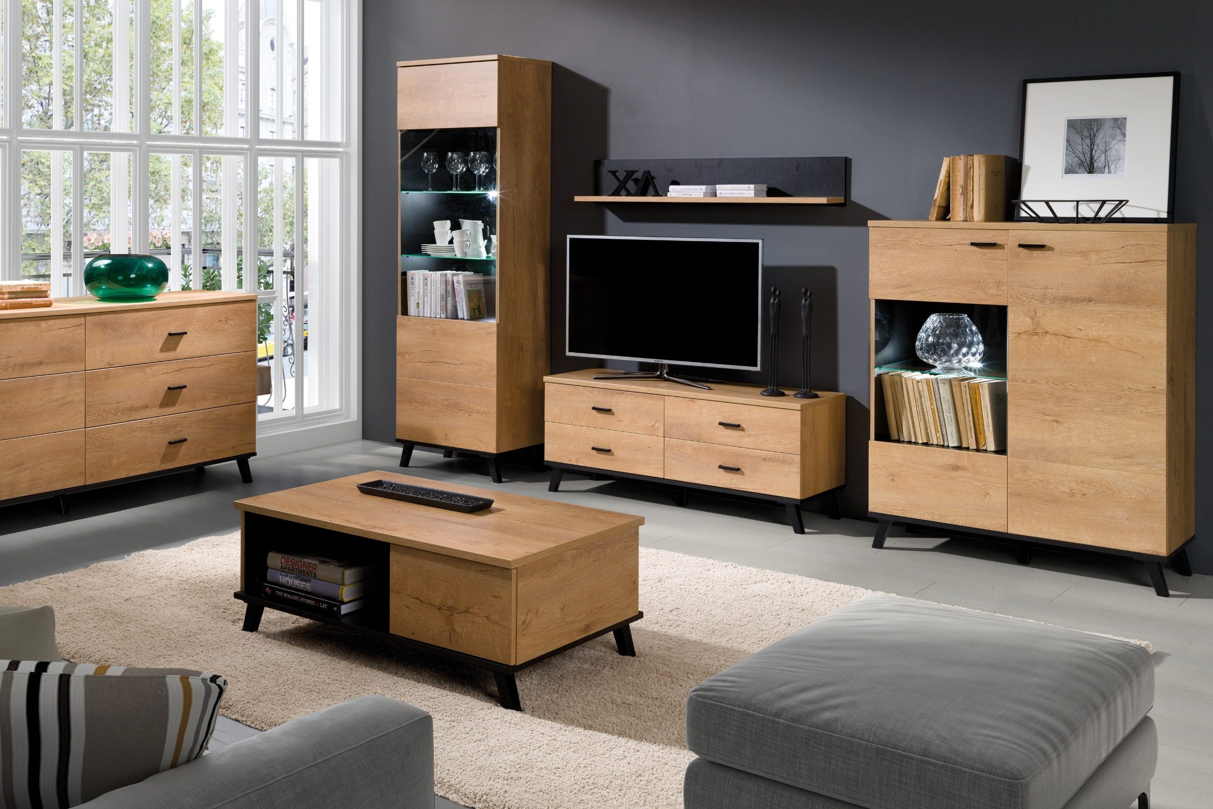 Deine Möbel 24 Wohnzimmer-Set LIAM B Wohnwand Set Eiche Lefkas Schwarz, Wohnzimmermöbel modern, (LIAM Kollektion, 6-St., Vitrine, Kommoden, TV-Lowboard & Wandregal (2+7+10+5+4+8 optional), Vitrine, Kommoden, TV-Lowboard & Wandregal – Skandinavisches Design