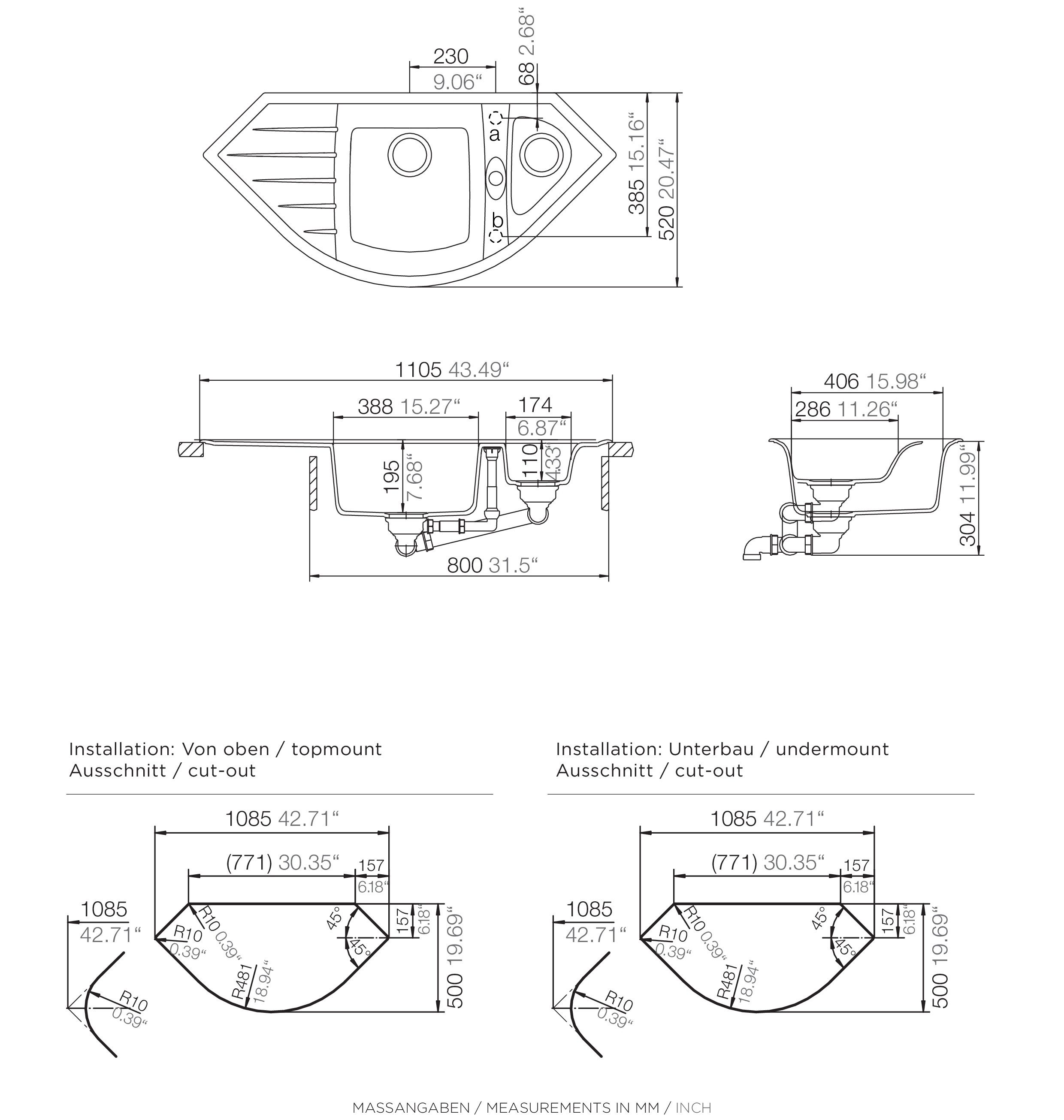 RESPEKTA ARLINGTON 110X52S built-in sink, 110.5/52 cm