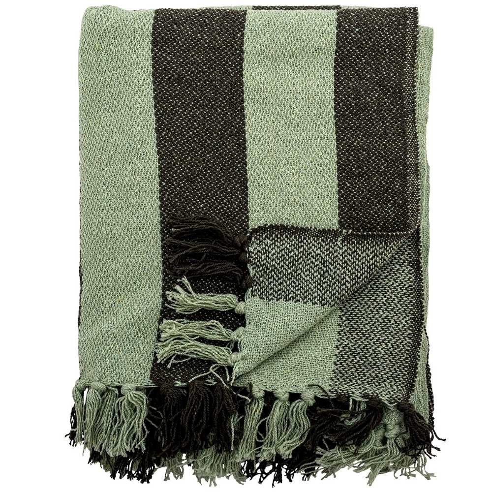 Wohndecke Bloomingville Decke FRELLO Grün Streifen Muster mit Fransen 160x130 cm, Bloomingville