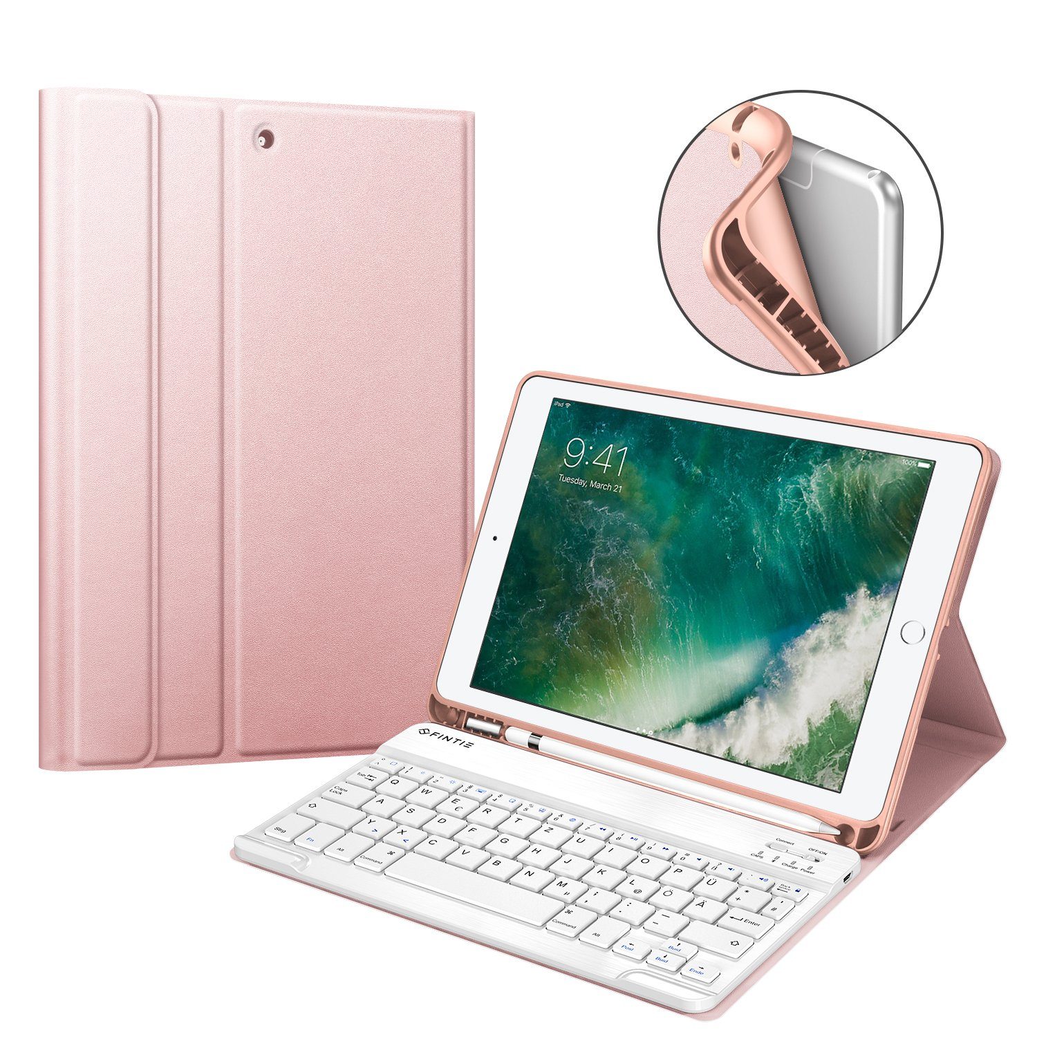 Fintie Tablet-Hülle für iPad 9.7 2018 (6. Gen) mit magnetisch QWERTZ Bluetooth Tastatur, Soft TPU Rückseite Gehäuse Keyboard Case mit eingebautem Pencil Halter
