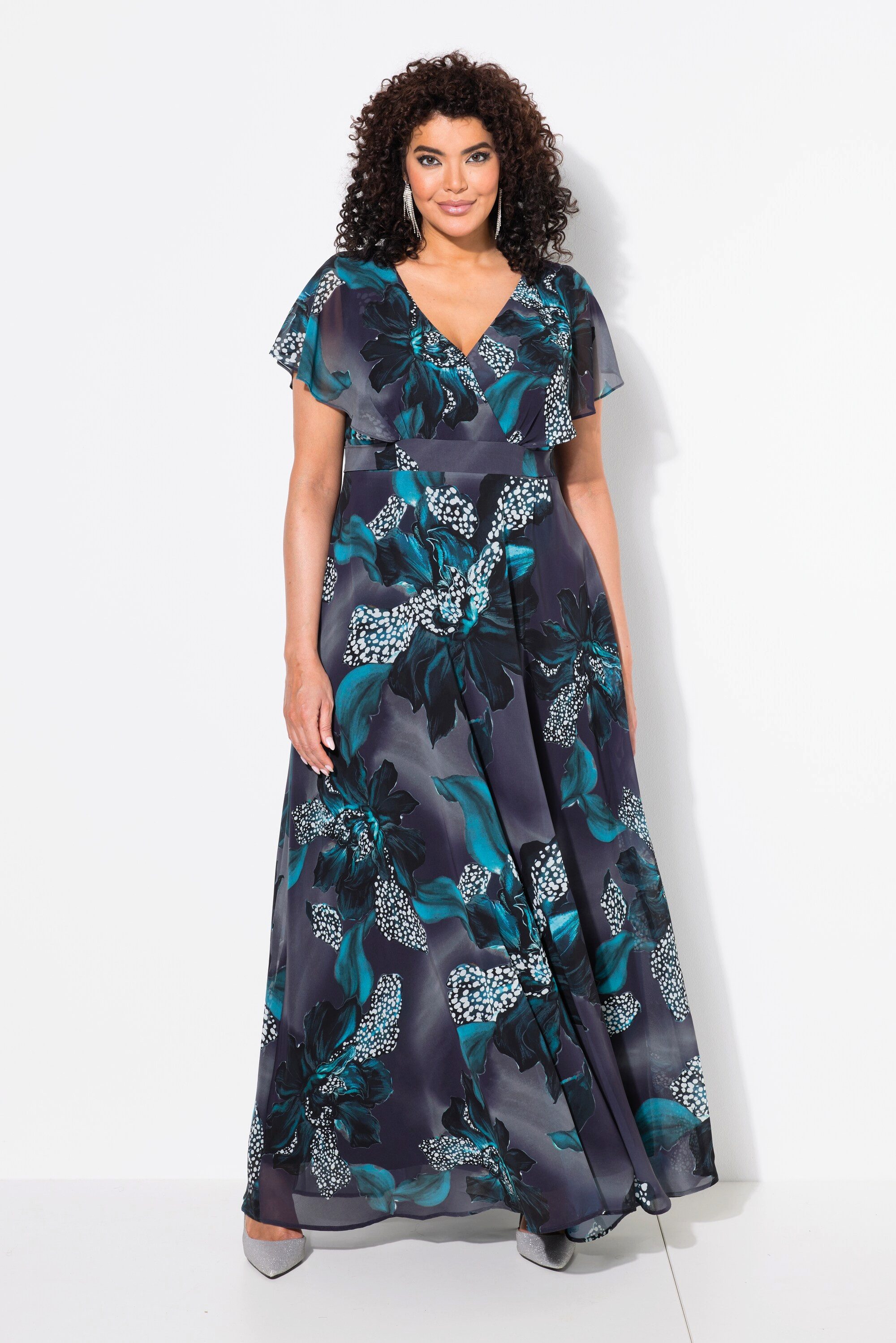 Ulla Popken Partykleid Maxikleid Gürtel V-Ausschnitt günstig online kaufen