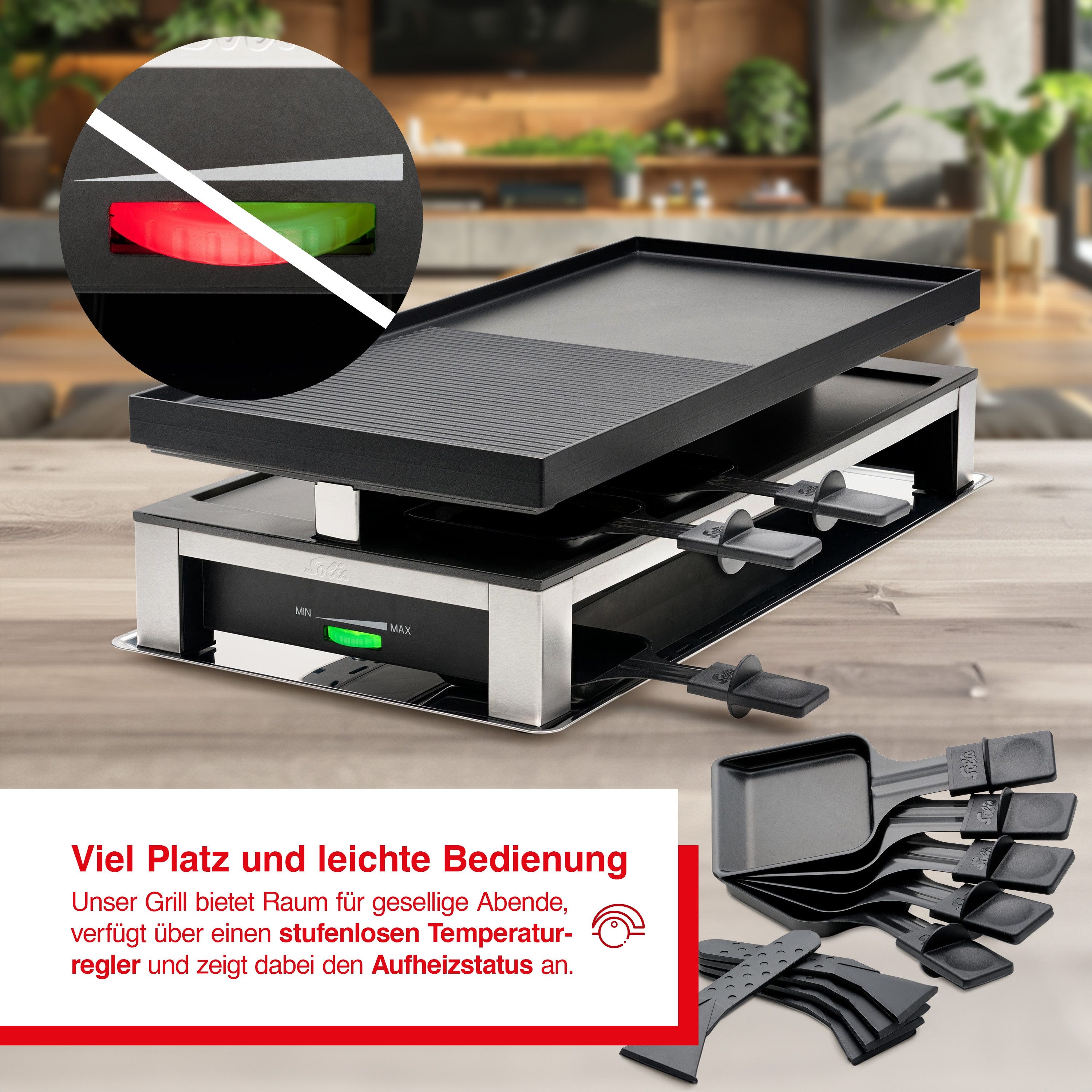 SOLIS OF SWITZERLAND Raclette 3 in 1 Combi Grill, Typ 7911, 10 Raclettepfännchen, 1500 W, Raclette, Grillen & Crepes, für 10 Personen
