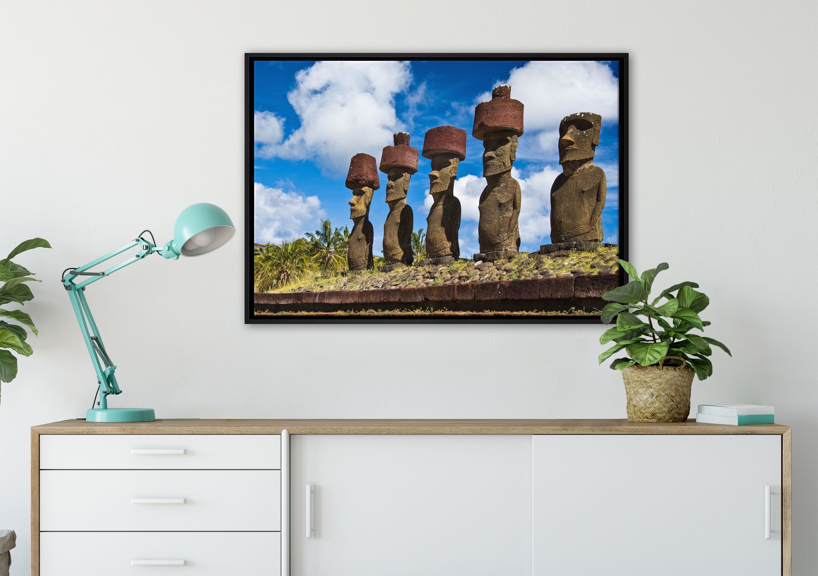 Pixxprint Leinwandbild Moai Leinwandbild Wanddekoration bespannt, Schattenfugen-Bilderrahmen Osterinseln, in gefasst, Statuen Zackenaufhänger einem (1 St), fertig inkl