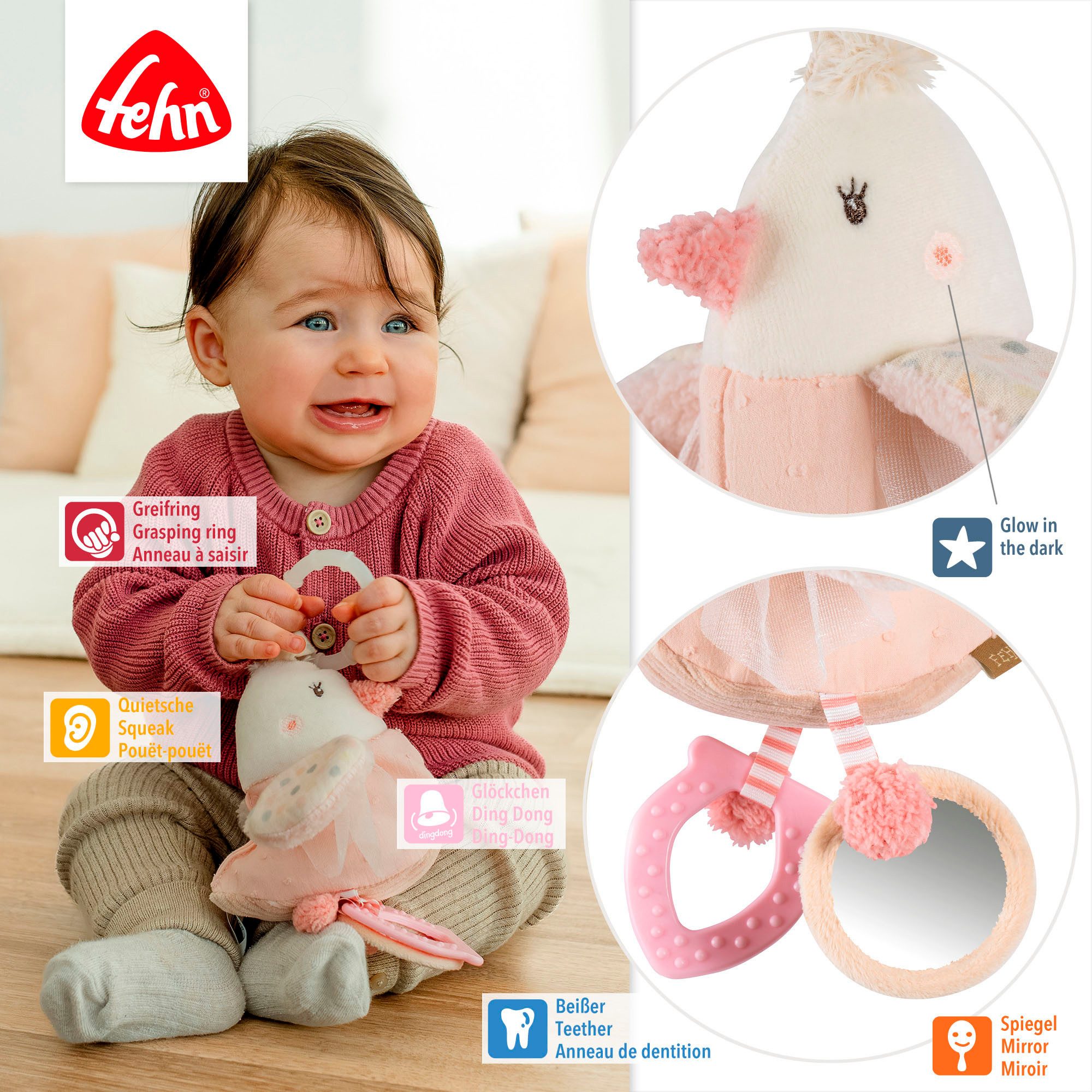 Fehn Greifspielzeug feehnLAND, Activity-Vogel, zur Befestigung an Kinderwagen, Babyschale oder Bett