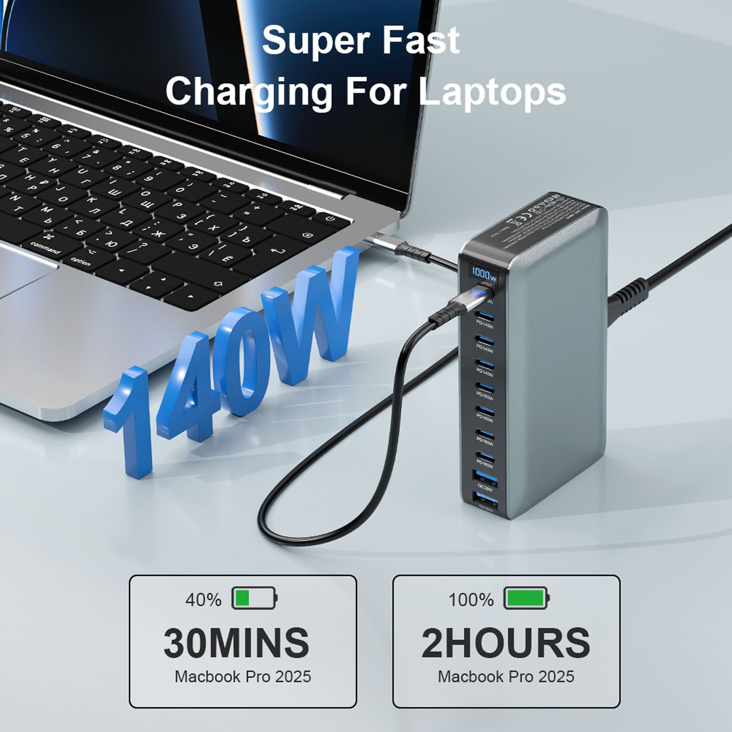 keepdrum keepdrum USB-Schnell-Ladestation GaN10 10 Anschlüsse Ladestation (Desktop-Ladestation, Fast-Charger, Leistungsstarke USB-Ladestation für 10 Geräte)