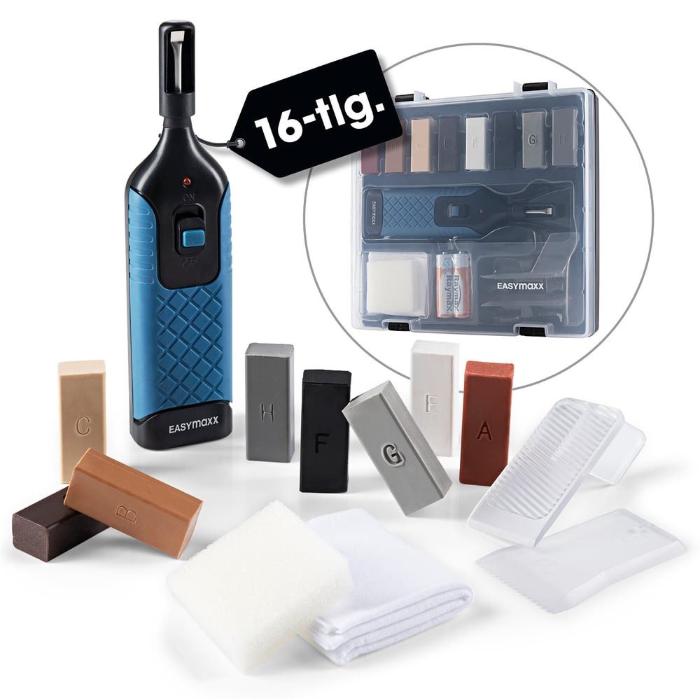 EASYmaxx Bodenfliese Reparatur-Set Fliesen & Steinböden - 16-tlg., ABS/PET/Polyester/Polypropylen (PP)/Stahl/TPR 19.5x19.5, blau/schwarz, Ausbessern & Reparieren von Fliesen Boden inkl.Wachsschmelzer 8 Farben