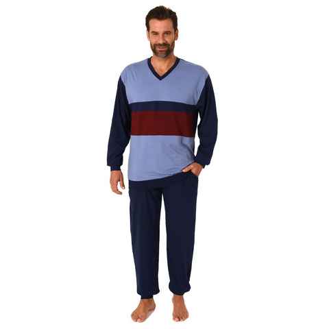 Normann Pyjama Herren langarm Schlafanzug mit Bündchen in Blockstreifen