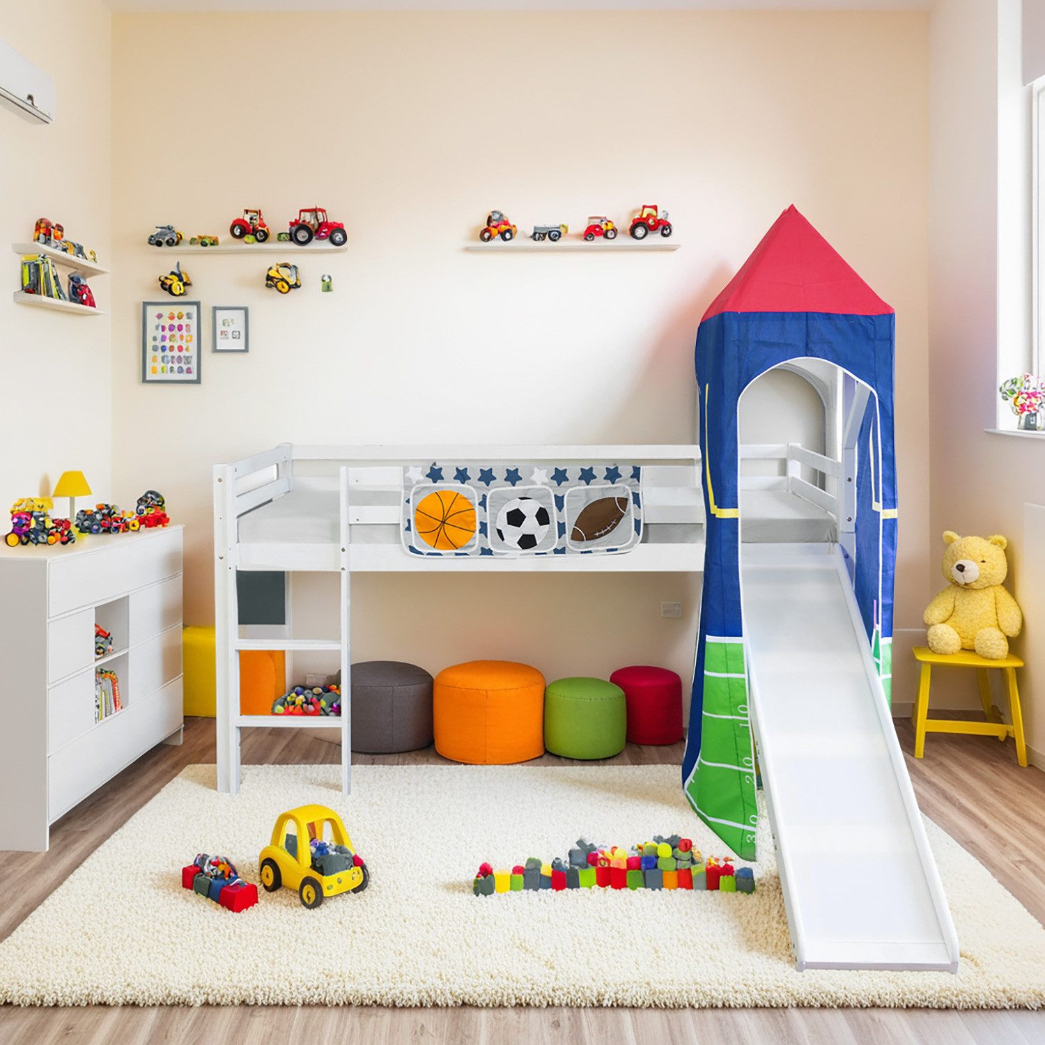 Hochbett 90x200 Kinderbett cm mit Rutsche Spielbett Fußball Junge Kinder