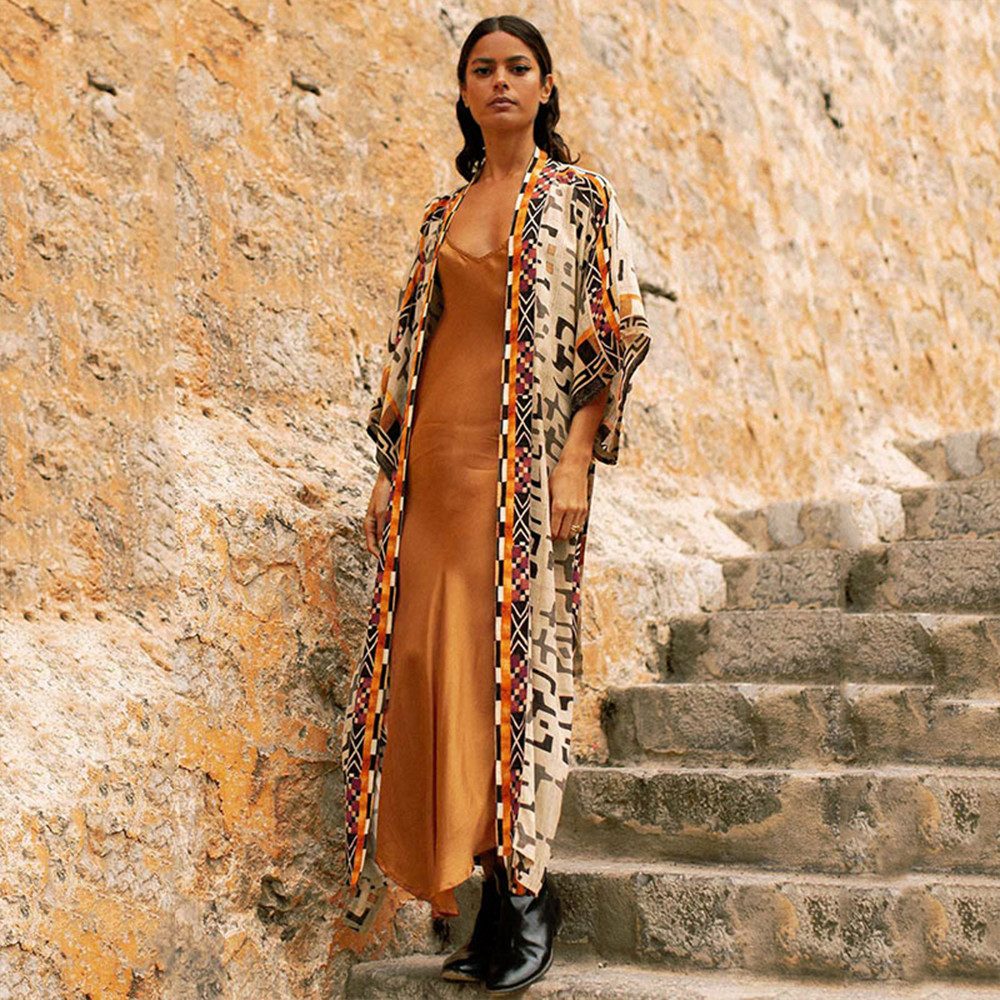 MOPUEA Strandkleid Kaftan Boho Kimono Strandkleid Bikini Cover Up Sommer Beachwear (1-tlg) lässiger Badeanzug, lang, Boho, fließend, Cardigans für den Sommer
