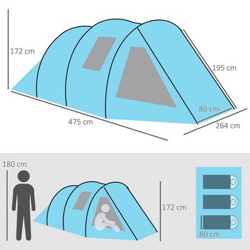 Outsunny Kuppelzelt Tunnelzelt für 4 Personen, Campingzelt mit Zwei Räumen, Personen: 4 (Festivalzelt, 1 tlg., Familienzelt), 2000 mm Wassersäule, für Trekking, Blau