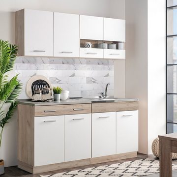 Homestyle4u Küchenzeile 160 cm ohne Geräte klein Einbauküche Singleküche Weiß matt Eiche Glas