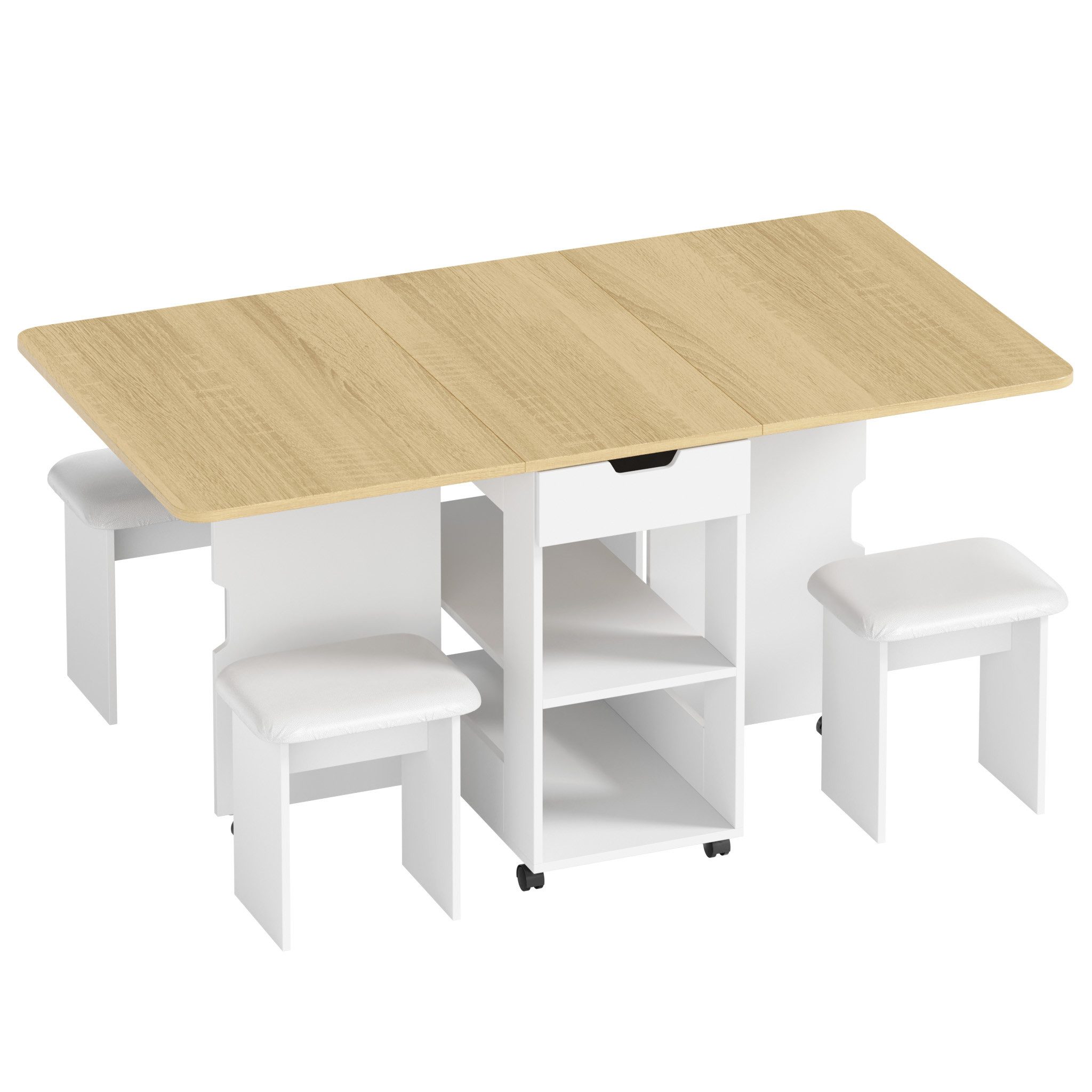 Mondeer Essgruppe Esstisch mit 4 Polsterhocker, (140x80 cm), Platzsparender Drop-Leaf-Tisch mit 2 Schubladen & Rollen