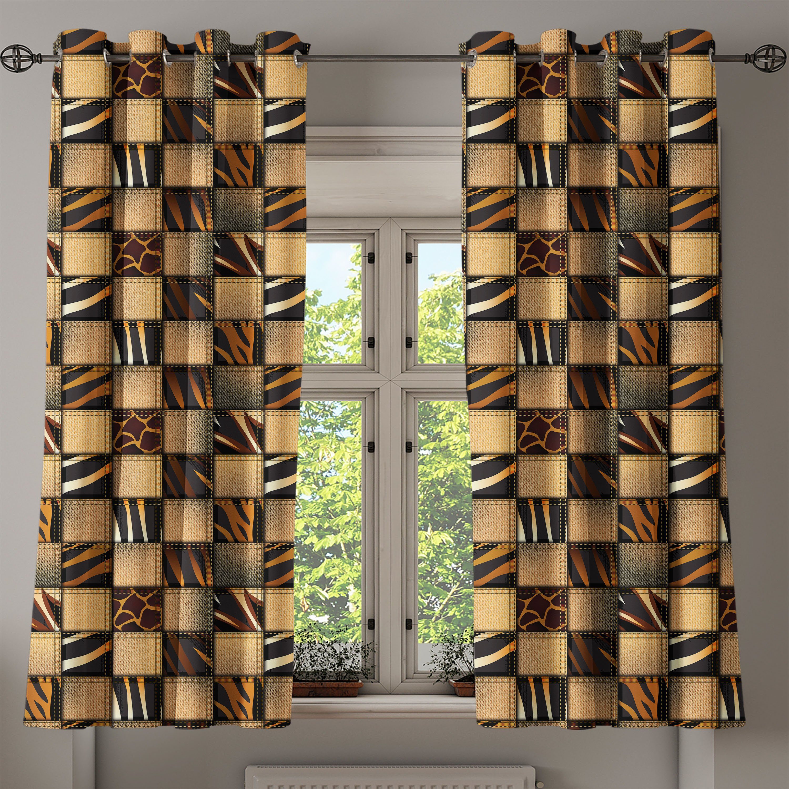 Wohnzimmer, Abakuhaus, Jeans-Denim-Patchwork 2-Panel-Fenstervorhänge Gardine Dekorative Schlafzimmer für Safari