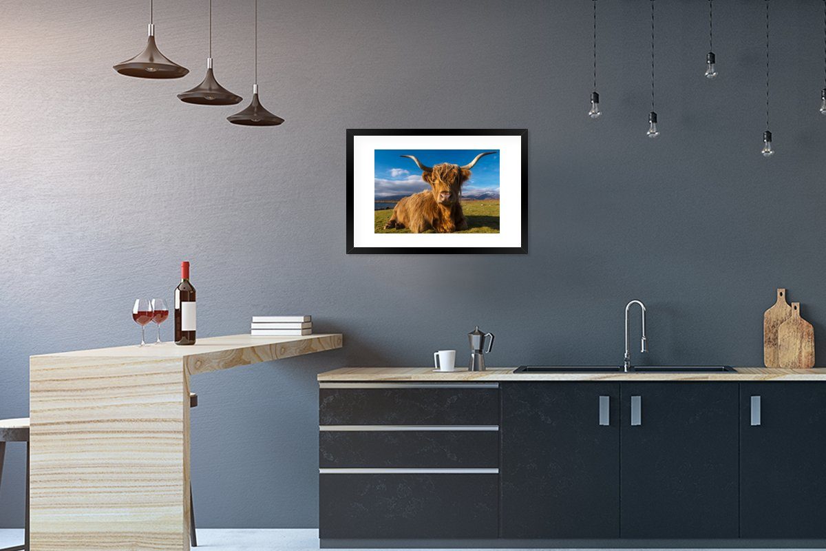 MuchoWow Poster Schottische Highlander - (1 Rahmen, Bilderrahmen Tiere St), mit Schwarzem Poster, - Kunstdruck, Gras, Gerahmtes