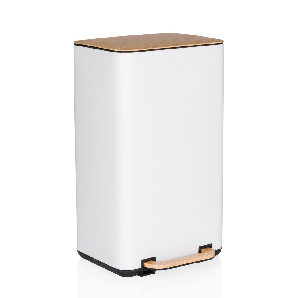 hjh OFFICE Mülleimer Mülleimer CLEAN NATURA Metall, Treteimer 30 Liter mit Softclose, Abfalleimer eckig mit Bambusdeckel