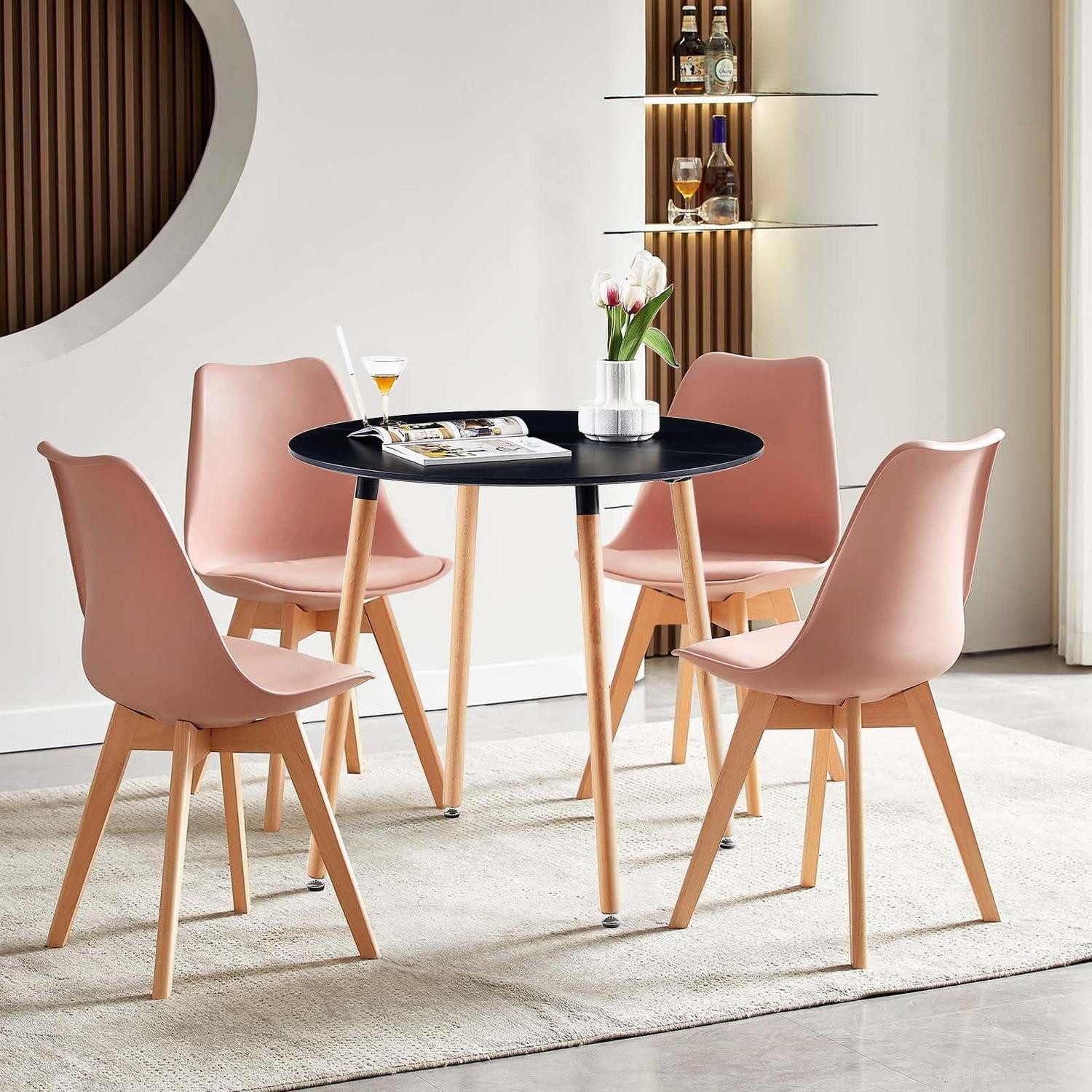 LuxusKollektion Esstisch Esszimmer Set 4 Stühle Holztisch Buche Schwarz Esstisch Rosa Stühlen (1-St)