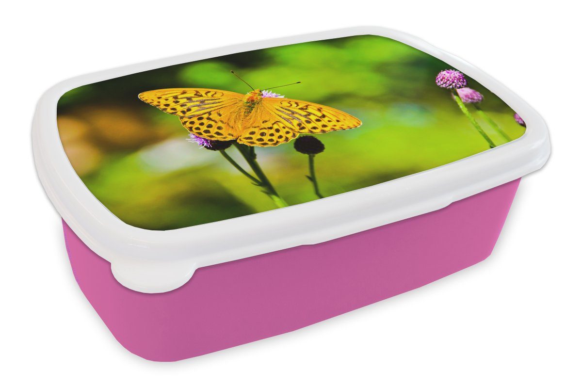 MuchoWow Lunchbox Schmetterling - Tiger - Blume, Kunststoff, (2-tlg), Brotbox für Erwachsene, Brotdose Kinder, Snackbox, Mädchen, Kunststoff rosa