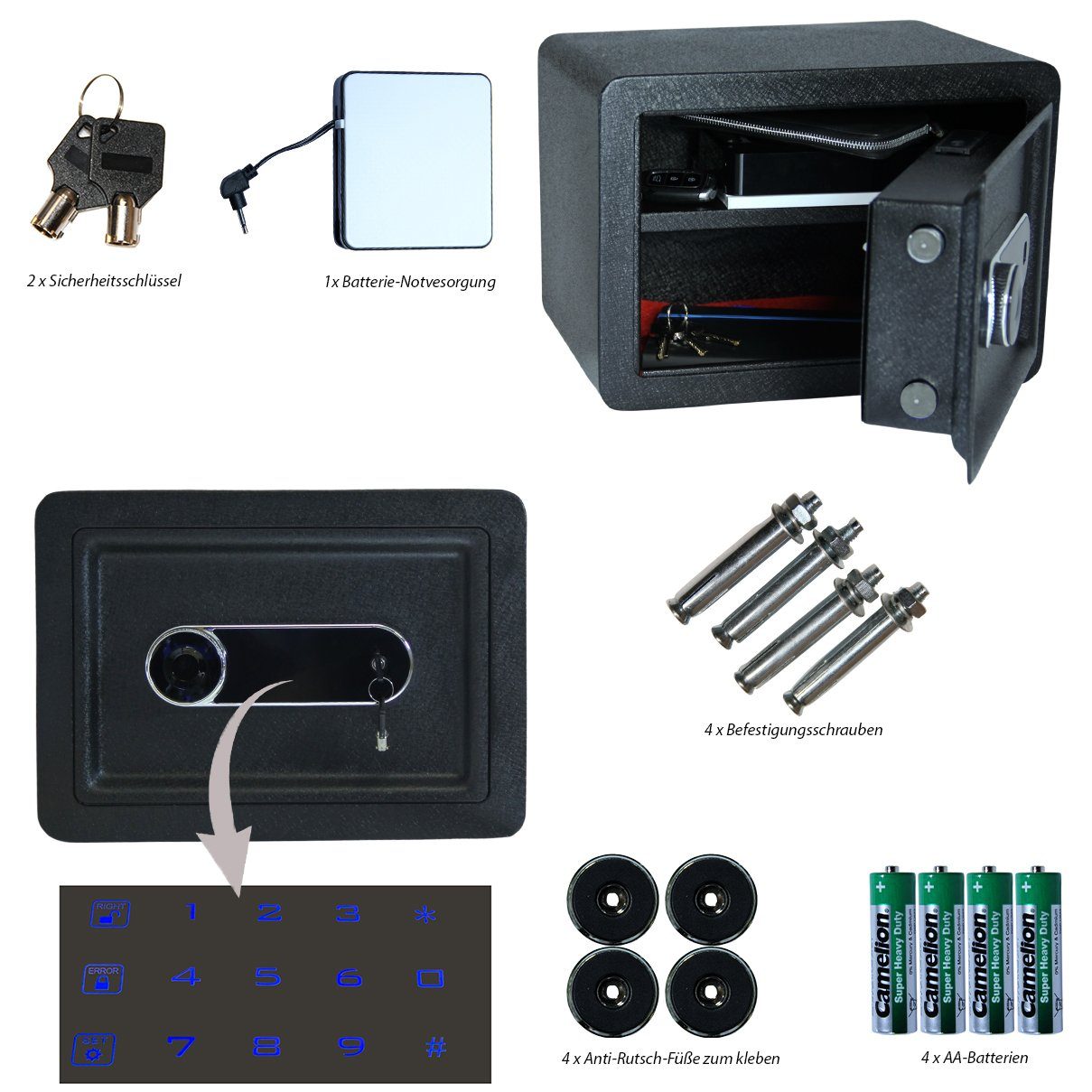 HELO24 Tresor Elektronischer Sicherheitssafe Geldschrank Safe Alarmsystem (DY 170), Elektronischer Safe mit Alarm, PIN, Fingerabdruck & Notschlüssel