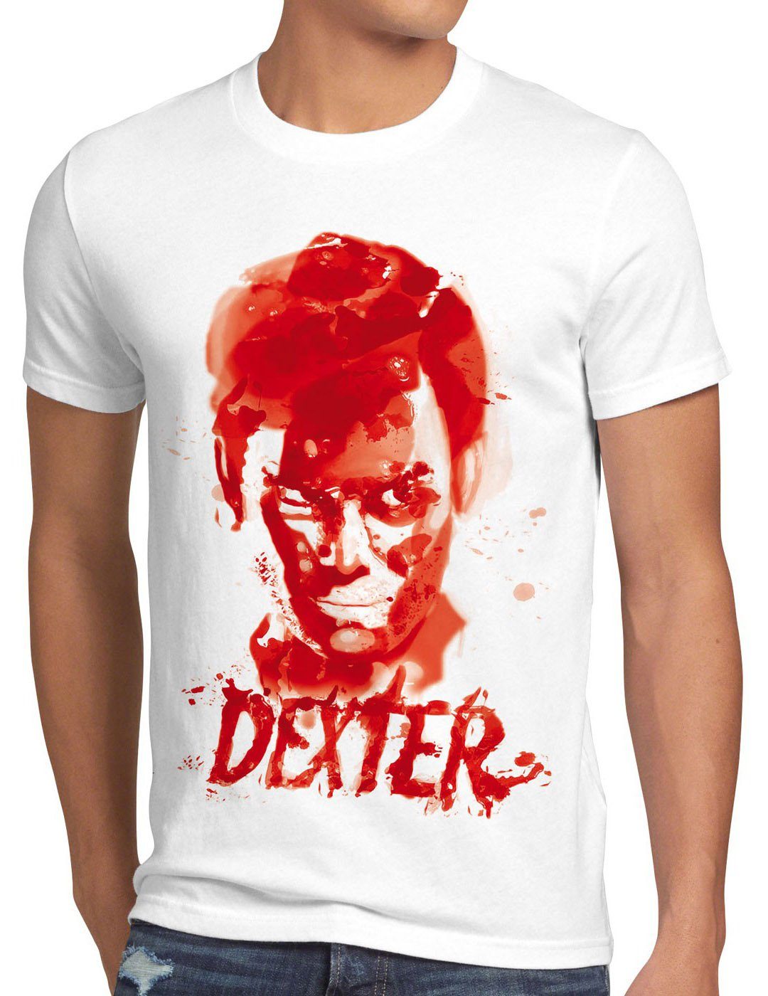 style3 Print-Shirt Herren T-Shirt DEXTER Miami blut mord morgan trinity serienkiller dvd tv weiß