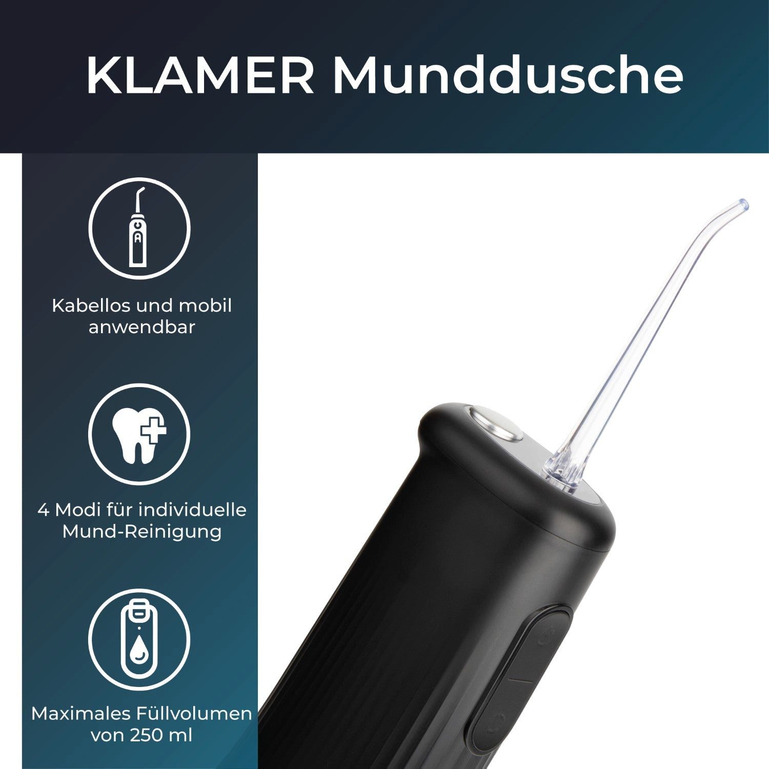 KLAMER Munddusche Water Flosser mit 2 Aufsätzen für effektive Reinigung der Zähne und Z…, Kabellos, 4 Reinigungsmodi, 2 Düsen, mobil nutzbar