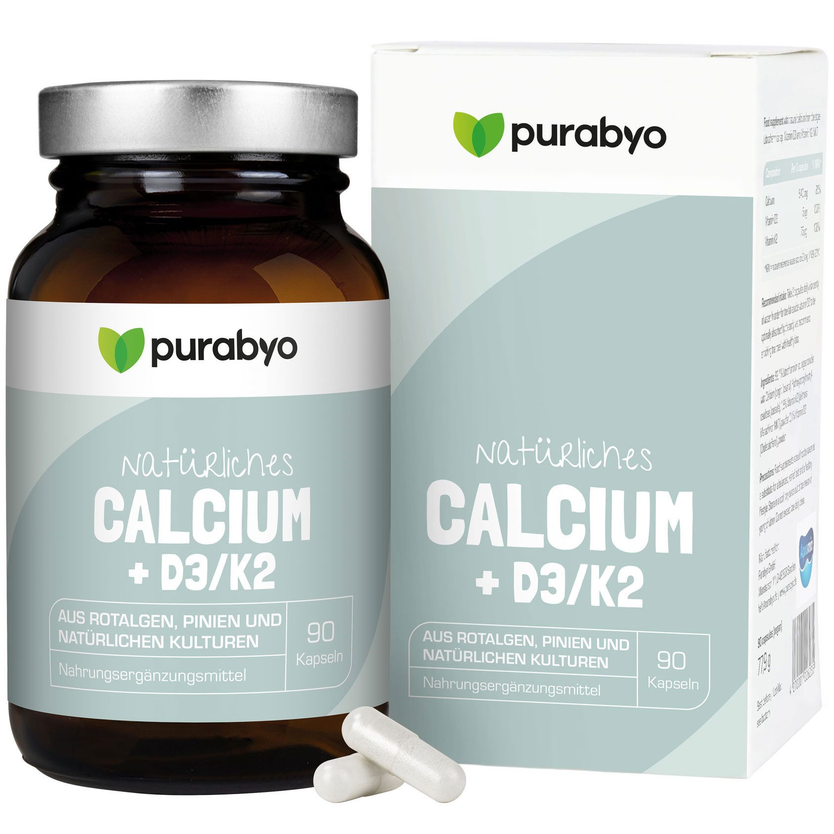Purabyo Natürliches Calcium + Vitamin D3/K2, europäische Rotalgen, im Glas Kapseln, 1 er 90 St., 78 g