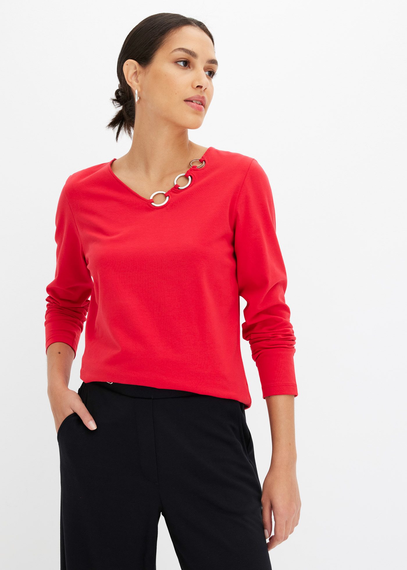 bonprix Langarmshirt bequeme Passform, Langarm, tolle Ösen-Details