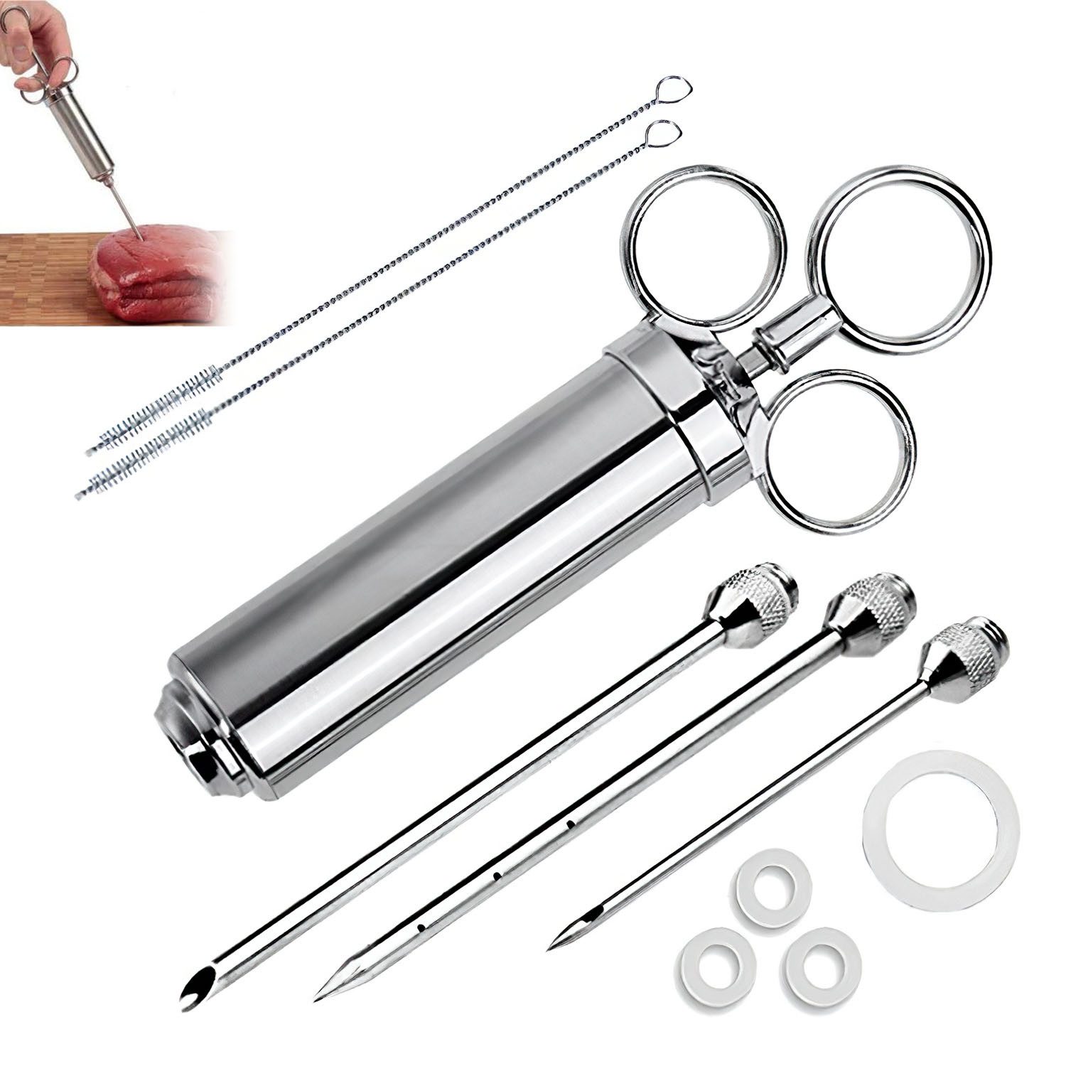 HEYHIPPO Back-Set Grillwerkzeuge, Fleischmarinaden-Injektor, Truthahn-Marinaden-Injektor, (Eine Spritze mit 3 Ersatznadeln, nur zum Injizieren von Gewürzen, BBQ-Marinier-Utensilien-Set, leicht zu reinigen und tragbar), Edelstahl drei Ersatzköpfe,Soßenzyli