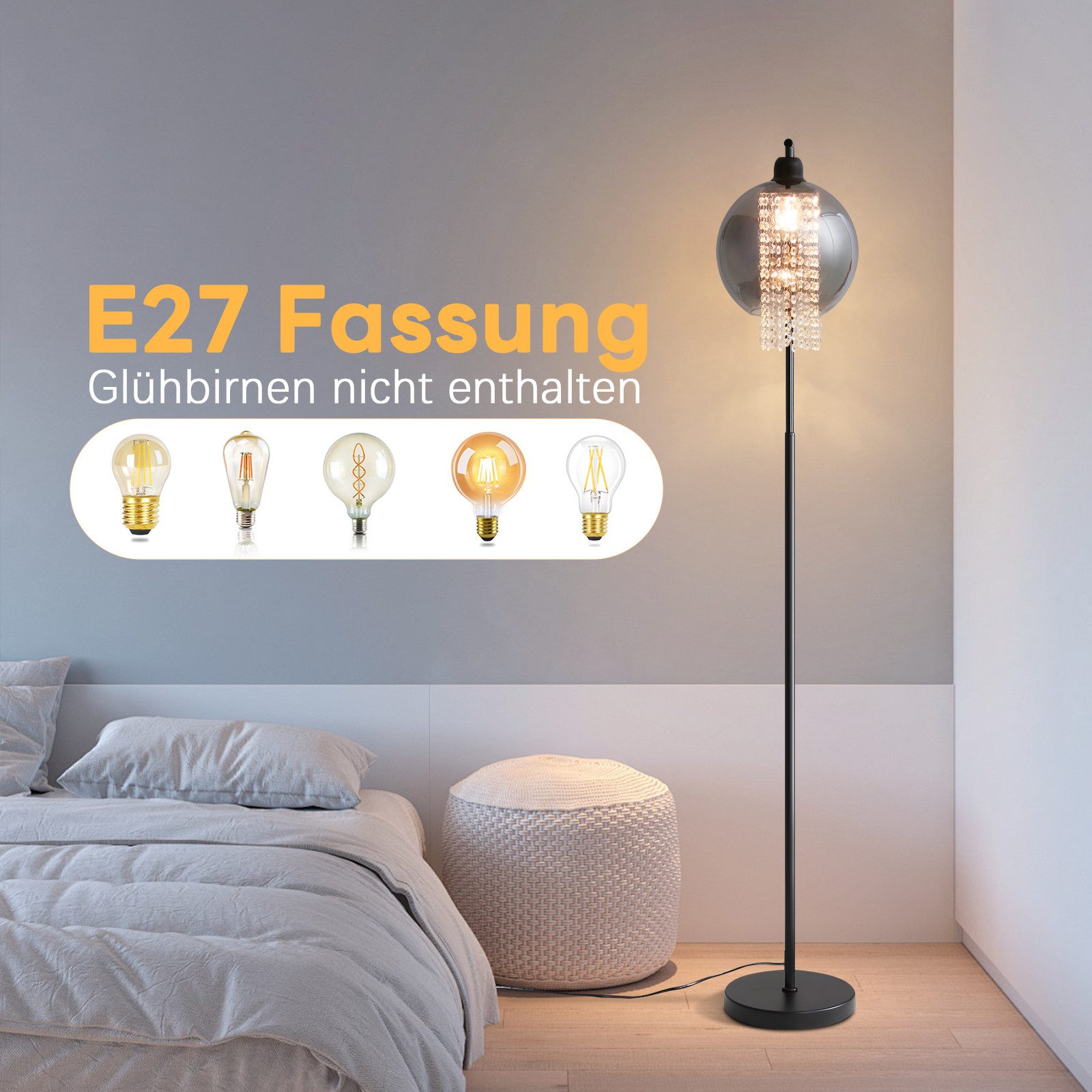 ZMH Stehlampe Wohnzimmer Modern E27 Rauchglas Stehleuchte Schlafzimmer für Büro Sofa, ohne Leuchtmittel, Rauchgrauer Glasschirm,Leselampe für Sofabereich, Hotel – Bild 5 von 5