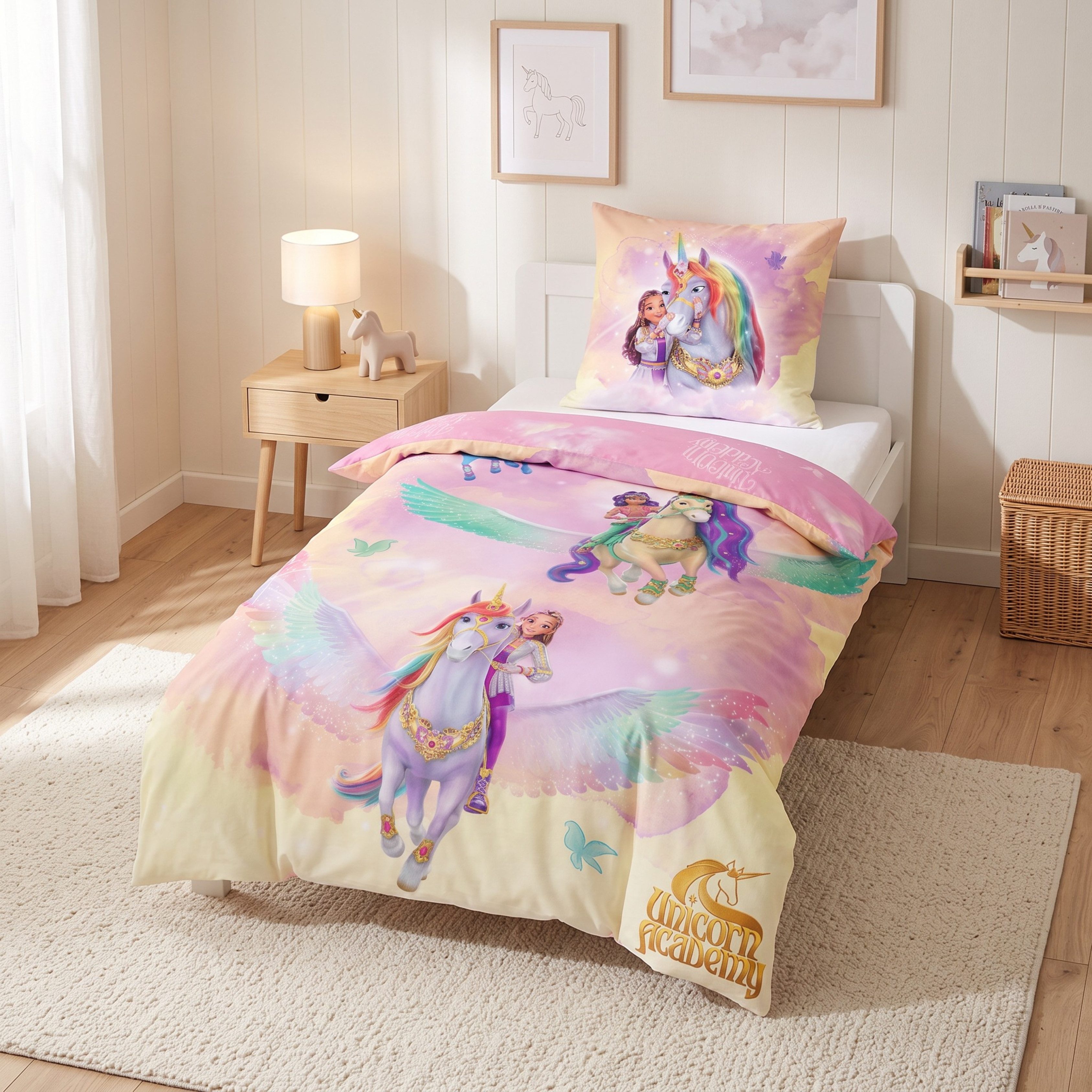 MTOnlinehandel Bettwäsche Unicorn Academy 135x200 cm, Sophia, Wildstar & Einhörner, Mikrofaser, 2 teilig, Kinderbettwäsche in Rosa & Pastell mit Wolkenmotiv für Mädchen