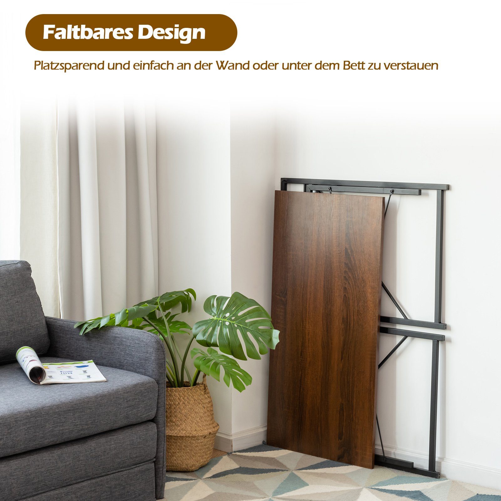 COSTWAY Schreibtisch, klappbar, & Haken 100x50x75cm Metallrahmen, 6 Braun mit