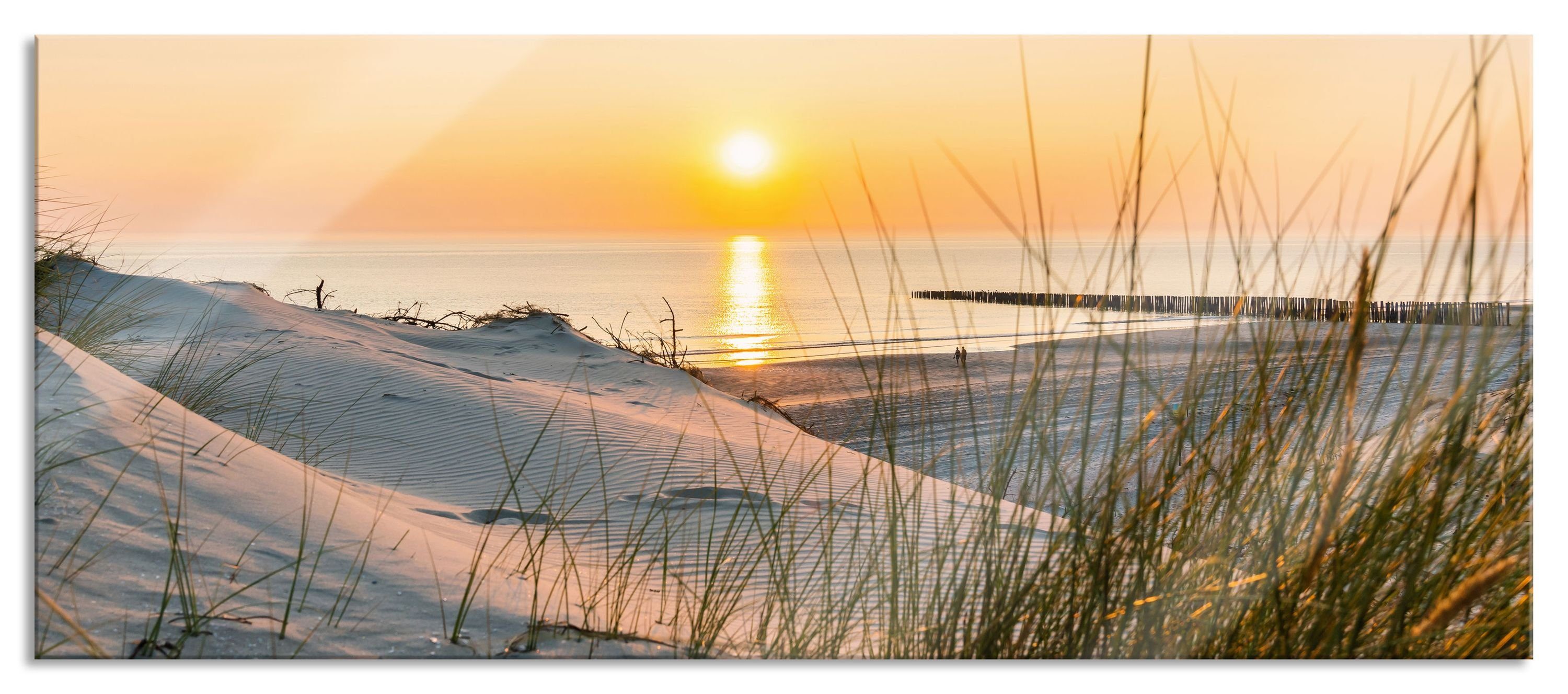 Glasbild Dünenblick auf Meer bei Sonnenuntergang