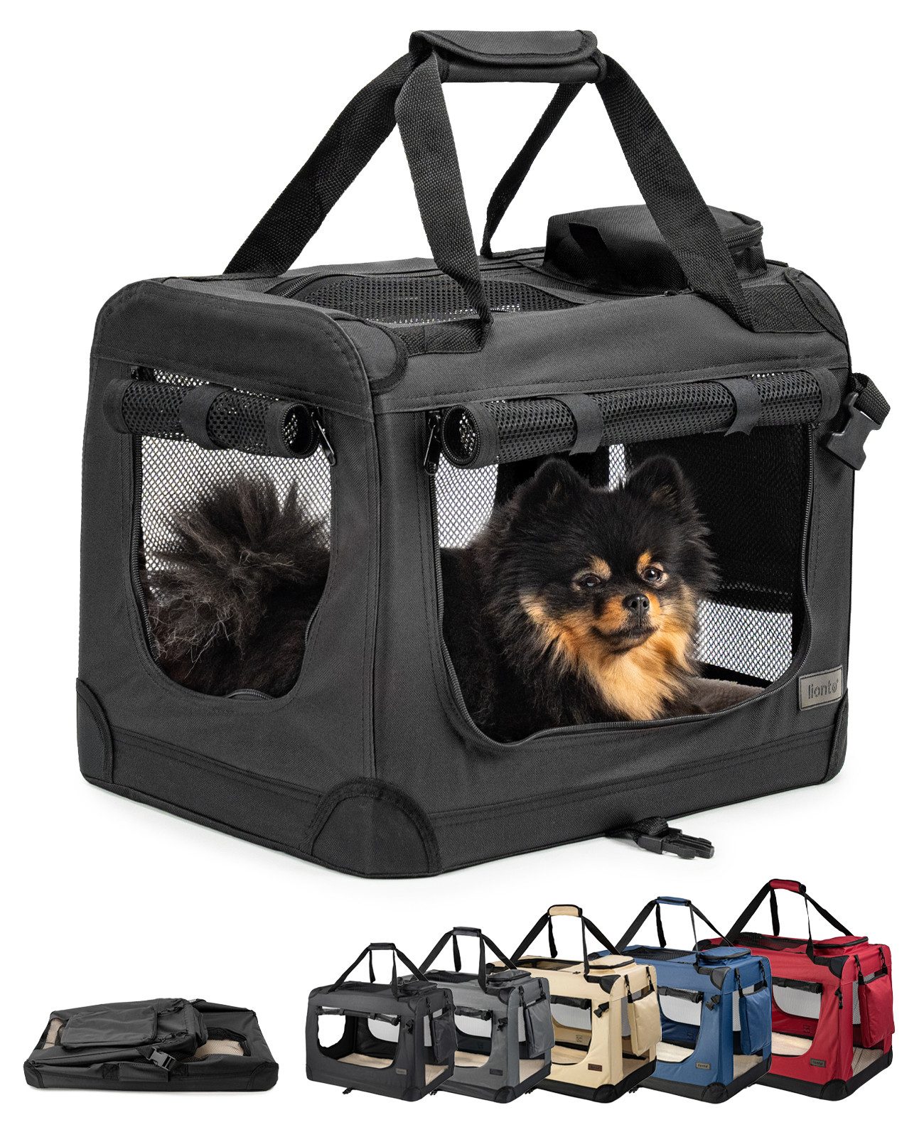 lionto Tiertransportbox stabil aus Textil, für Hunde und Katzen bis 10 kg, 50x36x34 cm, schwarz
