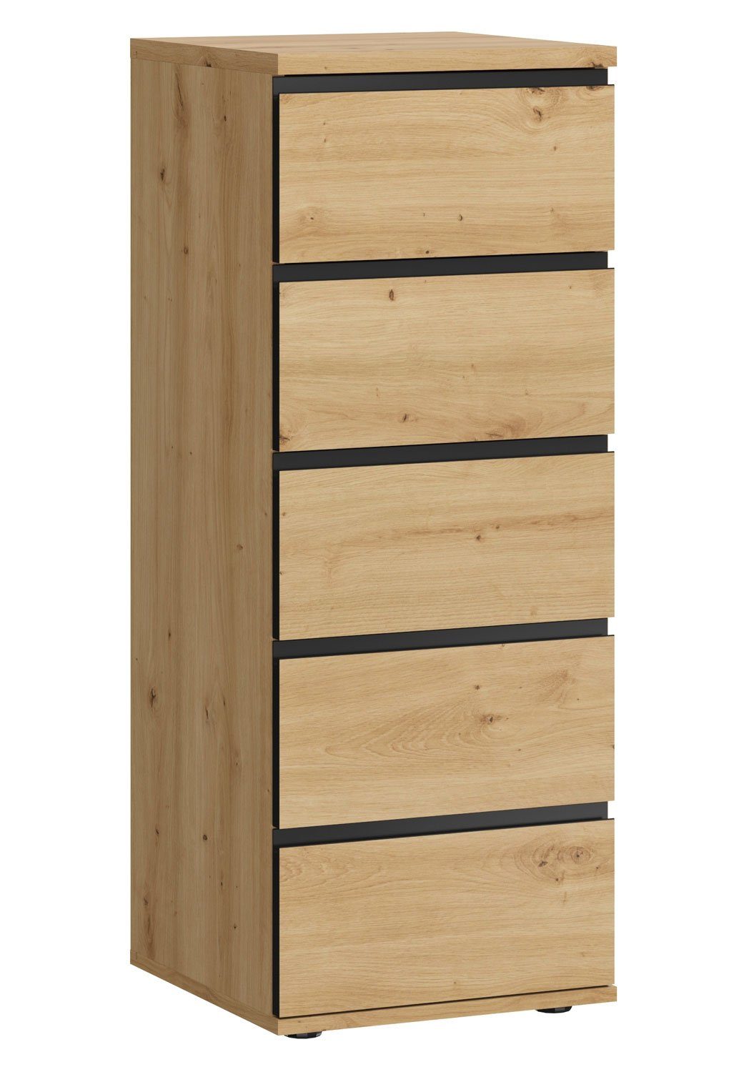 Feldmann-Wohnen Schubkastenkommode Naxos (5 Schubladen, 1 St., moderne Holzoptik, Griffmulden), 40,4x40x105,6cm Eiche Artisan / schwarz matt
