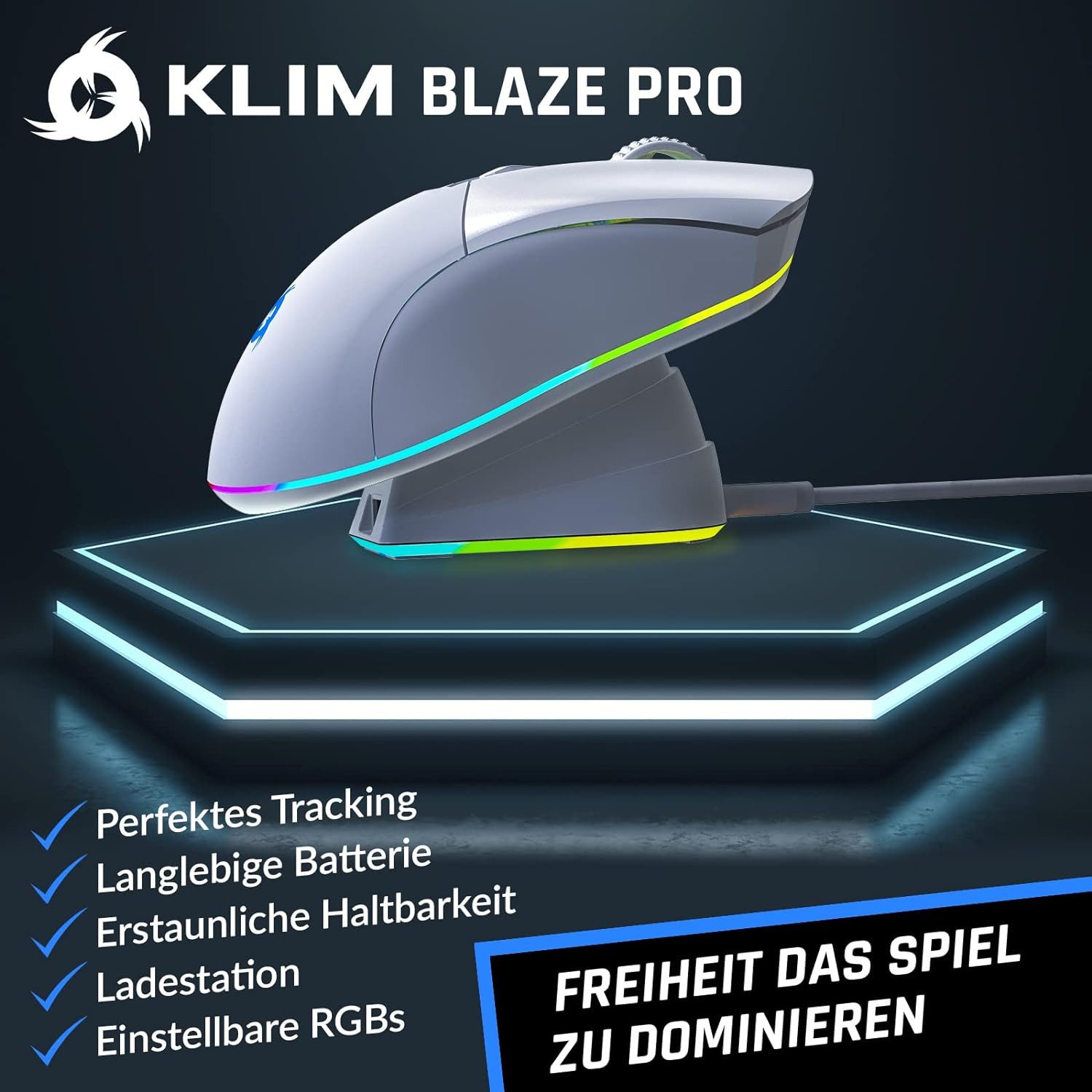 KLIM Blaze Pro Gaming-Maus (kabellos mit Ladestation und RGB Beleuchtung)